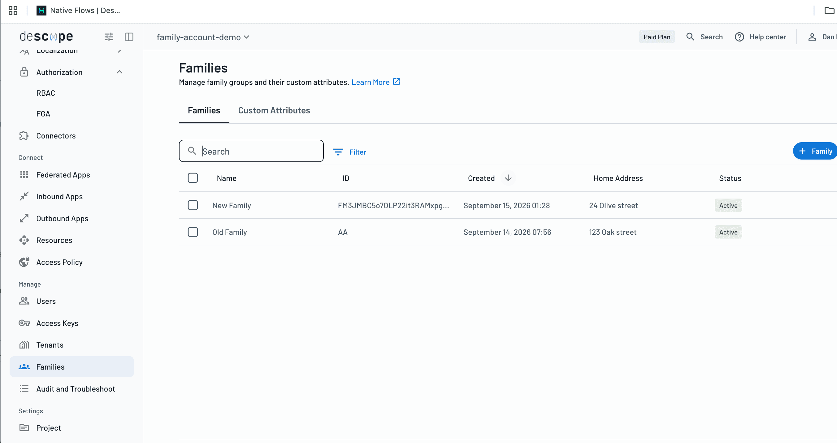 Family management view in the Descope console