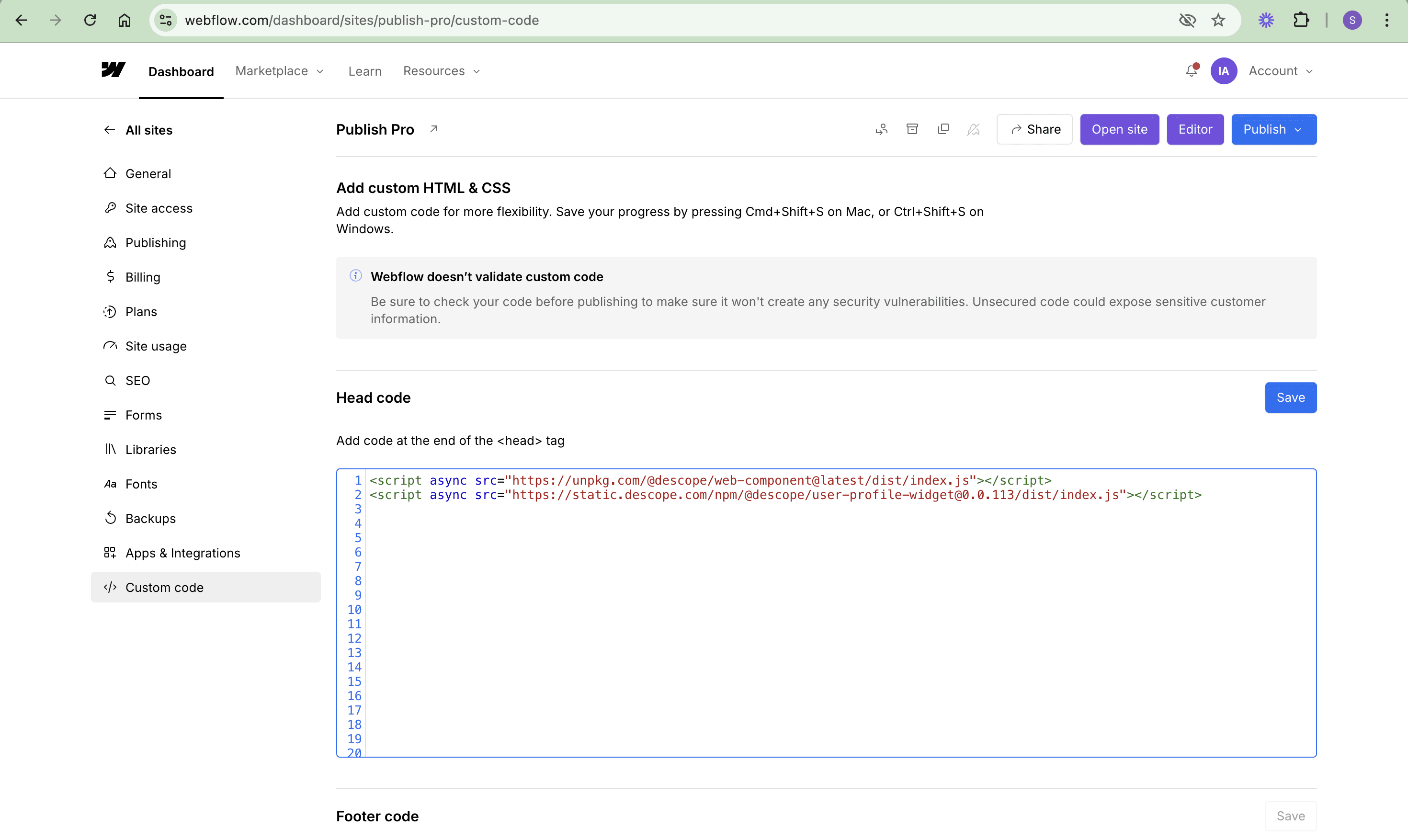 Head code under the Custom code of the Webflow app