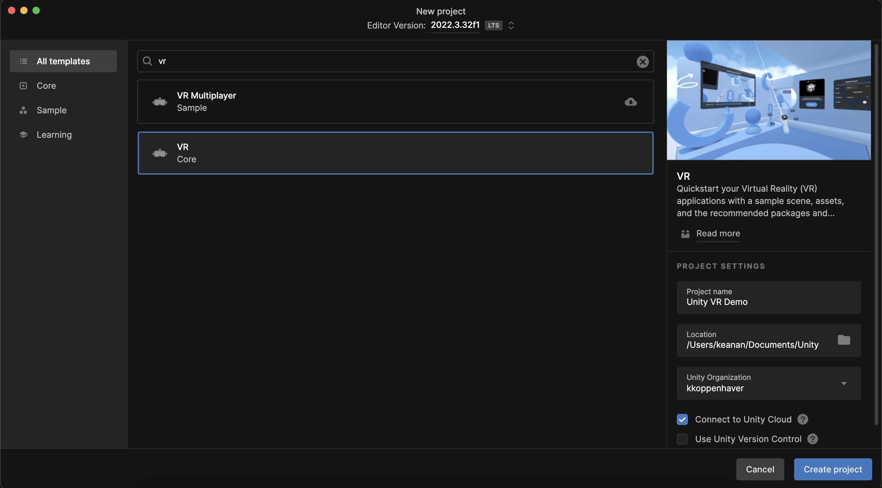 Fig: Selecting the Unity VR template