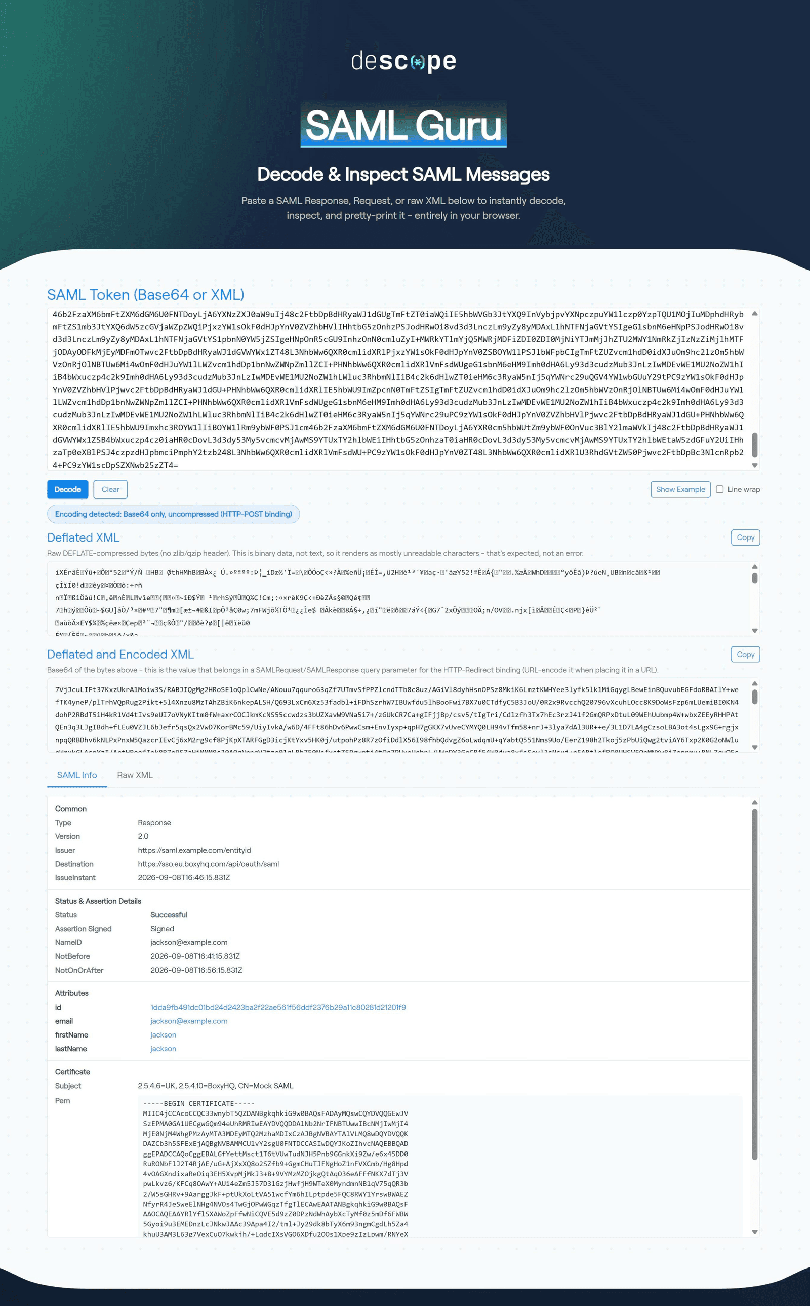Fig: A DEFLATE-compressed, Base64-encoded SAML AuthnRequest decoded in SAML Guru.