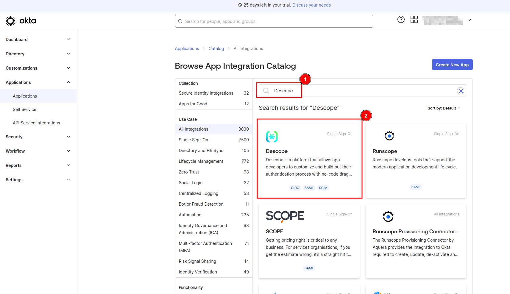 Fig: Searching for the Descope application