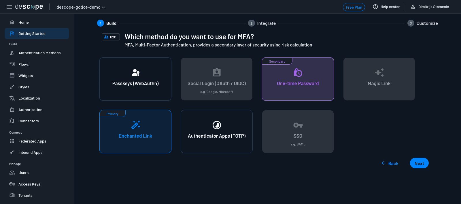 Fig: Descope console—MFA authentication methods