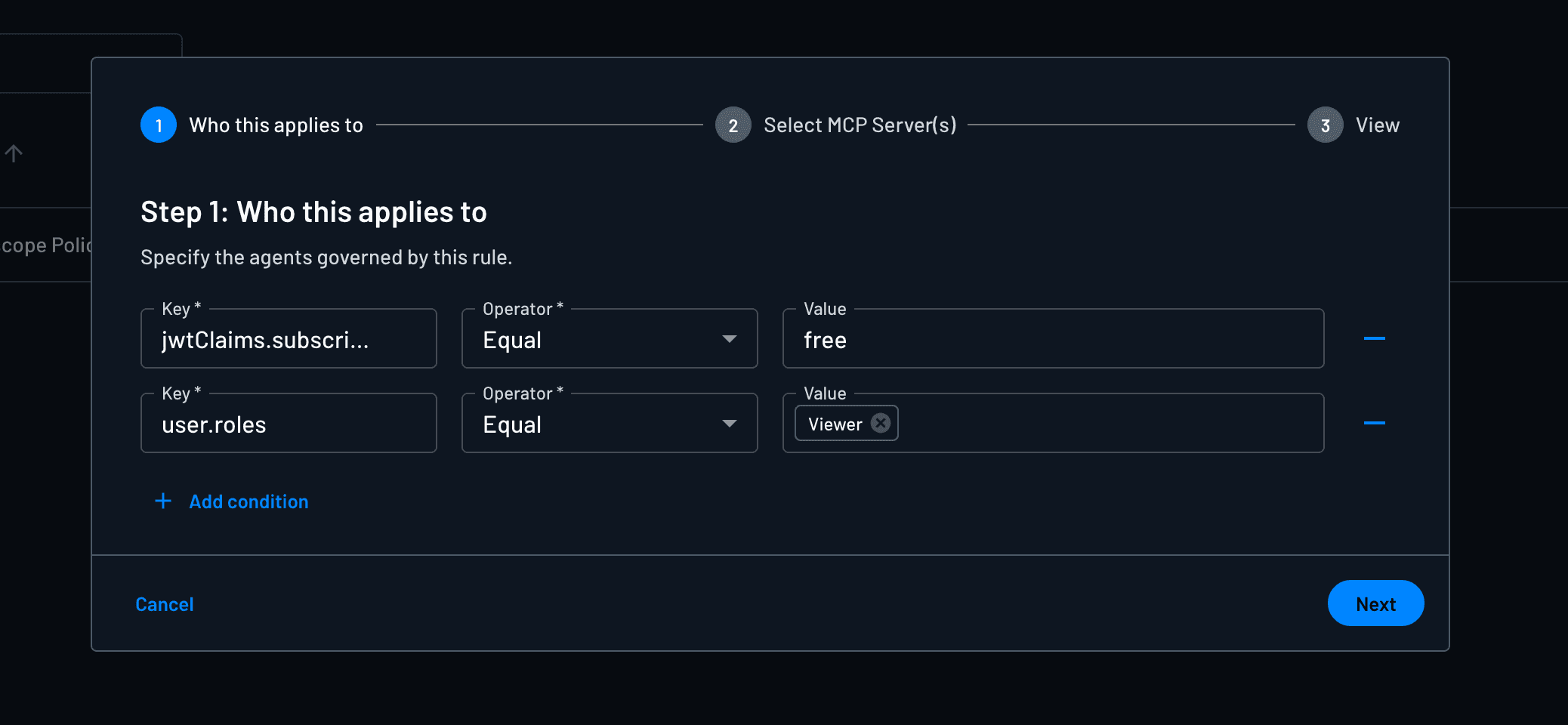 Fig: Defining policies to govern agents in Descope