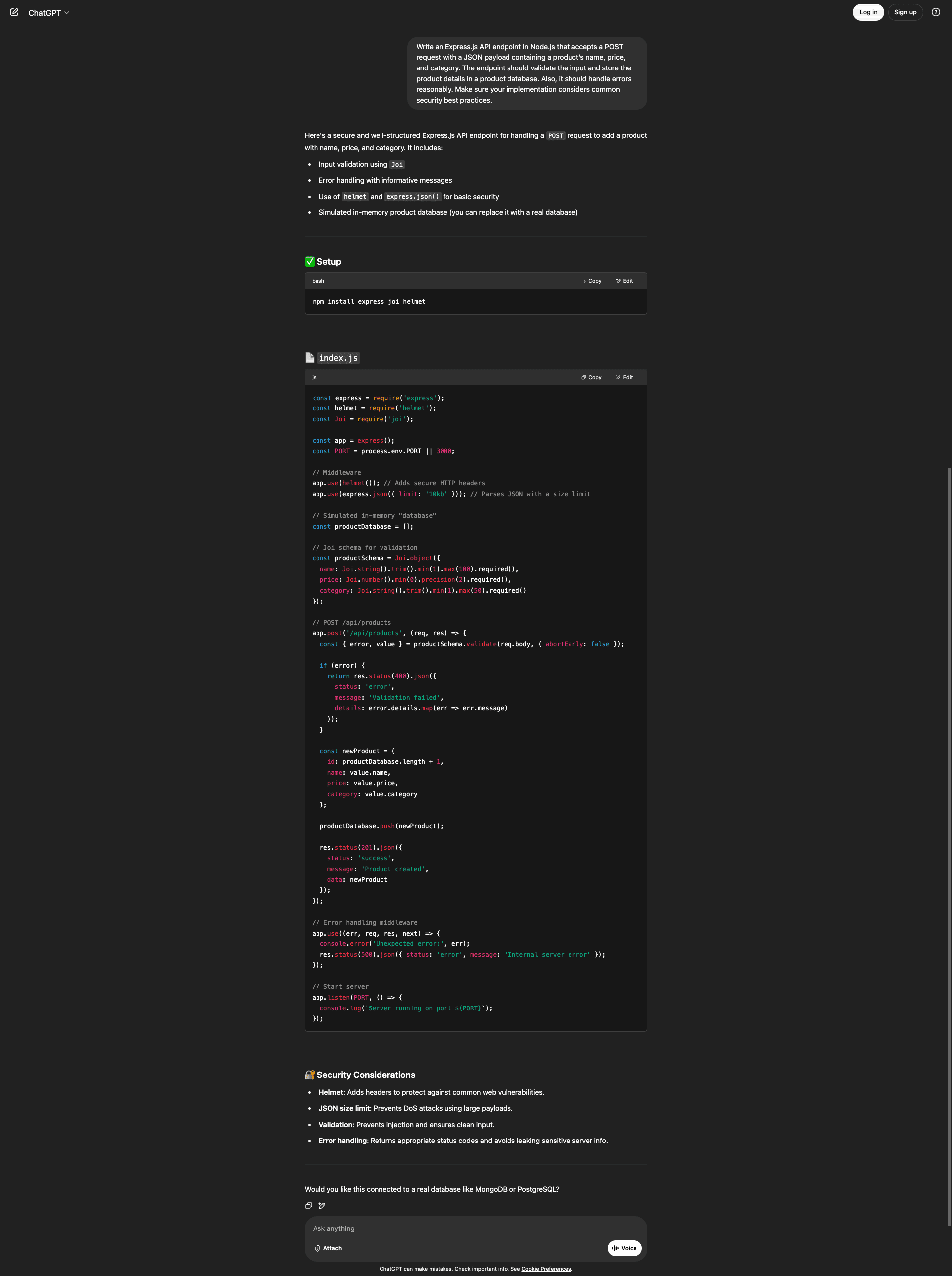 Fig: ChatGPT's backend response