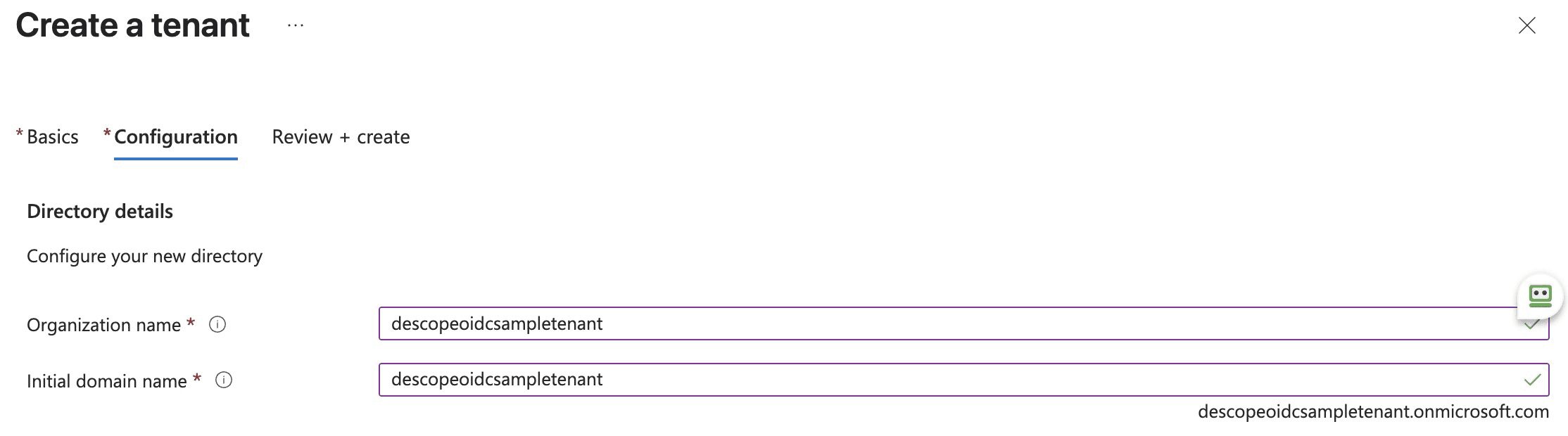 Fig: The Configuration tab in the Create a Tenant page in Azure