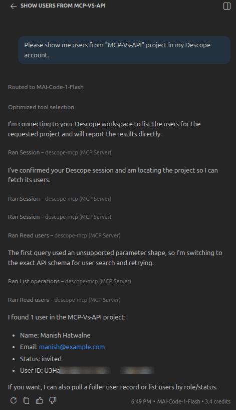 Fig: GitHub Copilot searching users in the MCP-Vs-API project through the Descope MCP Server.