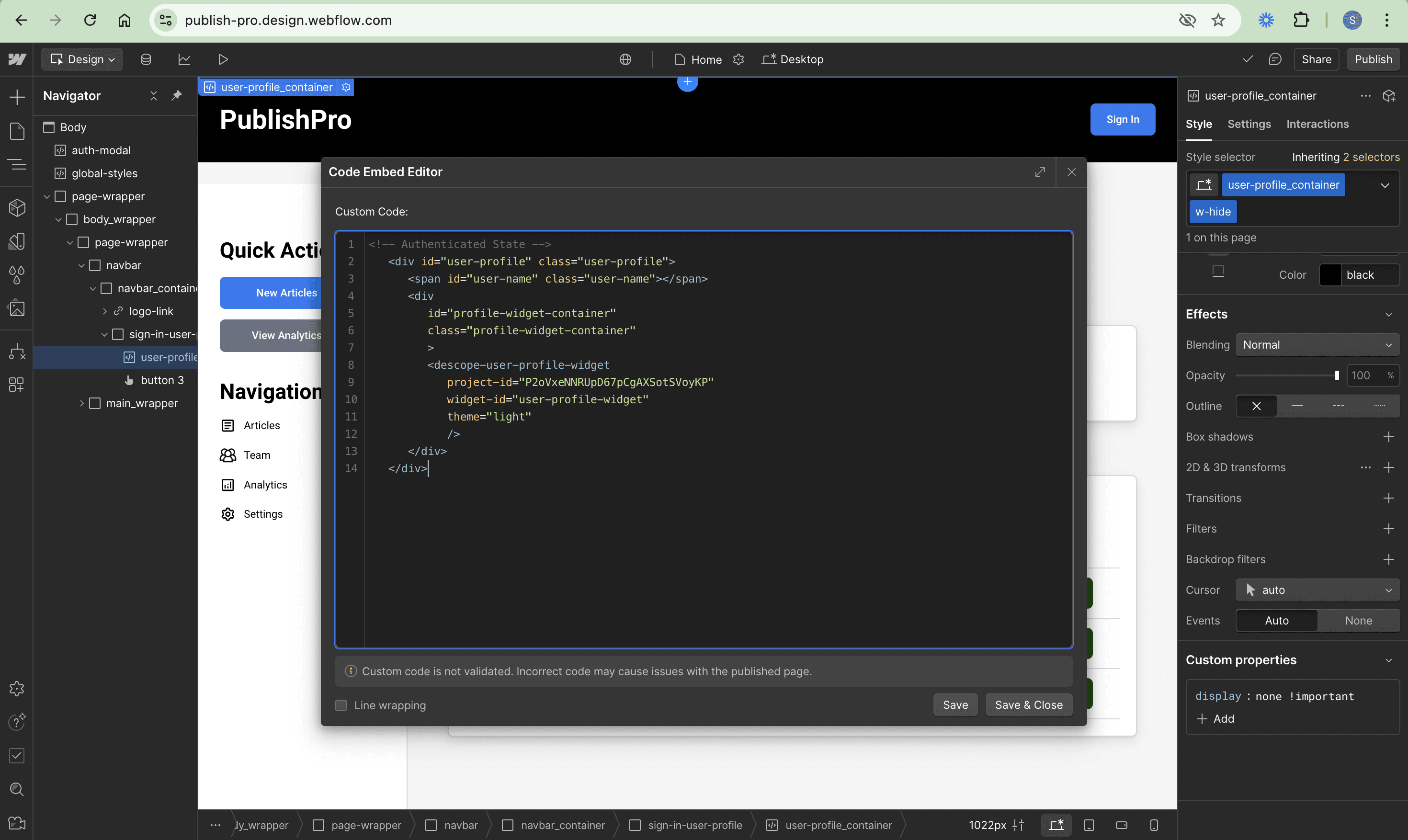 Create user-profile modal with Code embed