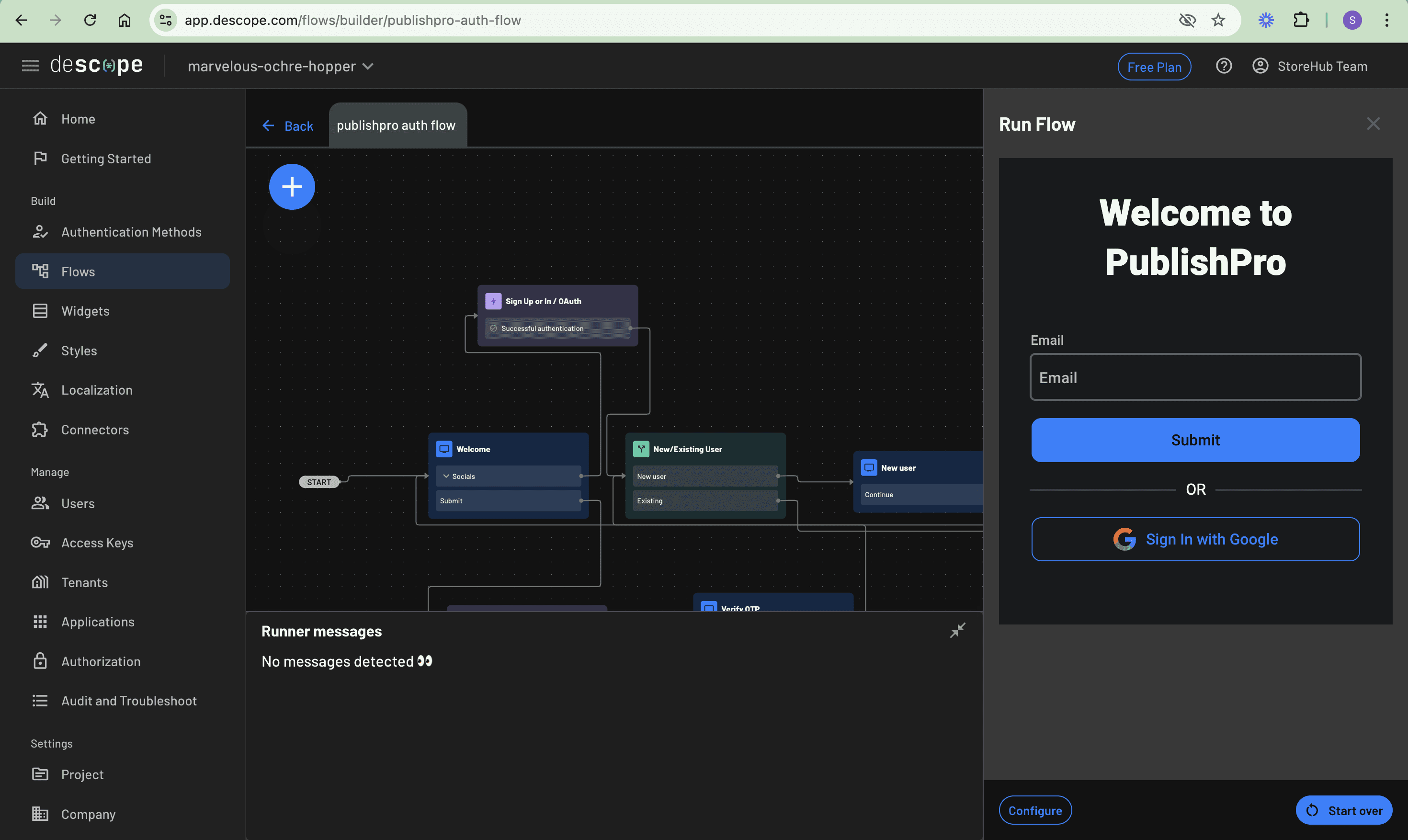 Preview of the publishpro-auth-flow on the Descope dashboard
