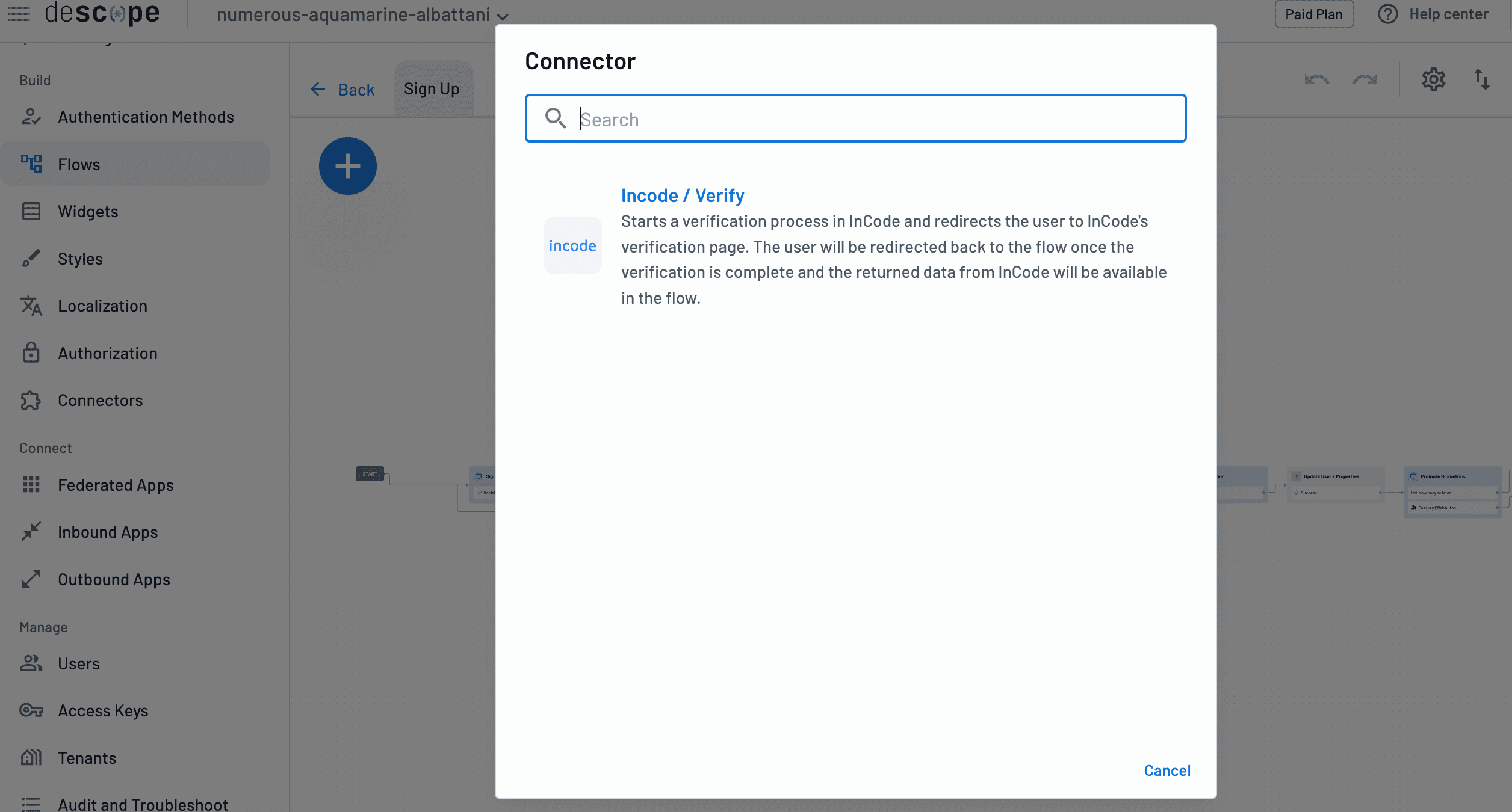 The Incode connector actions available in Descope Flows