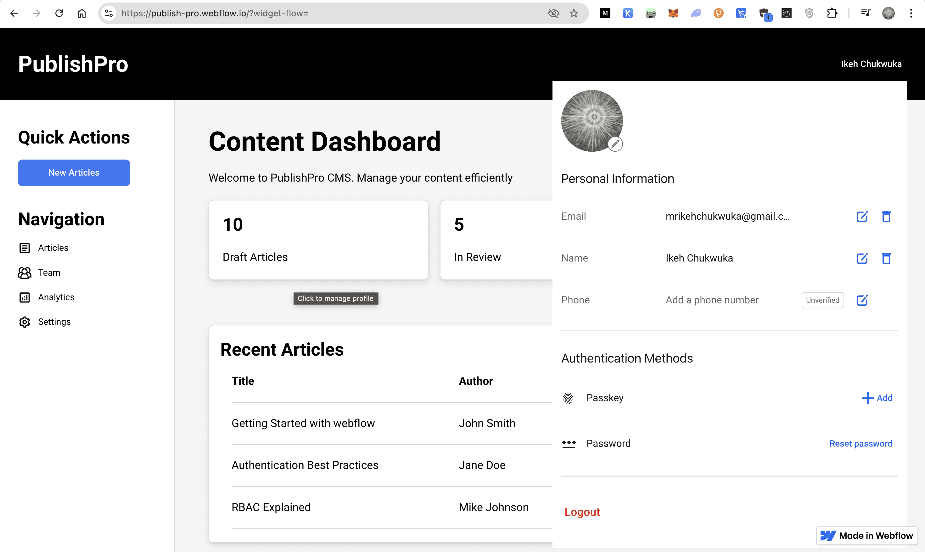PublishPro CMS dashboard showing user profile widget