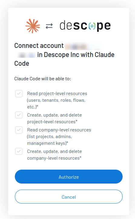 Fig: Authorizing the Descope MCP Server connection.