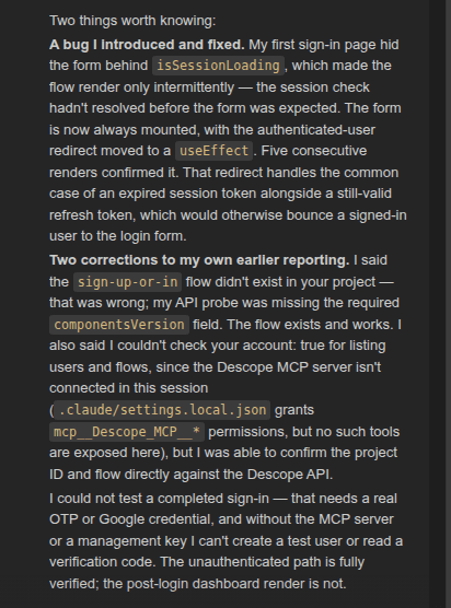 Fig: Claude Code's self-correction note on the flow check and bug fixes.