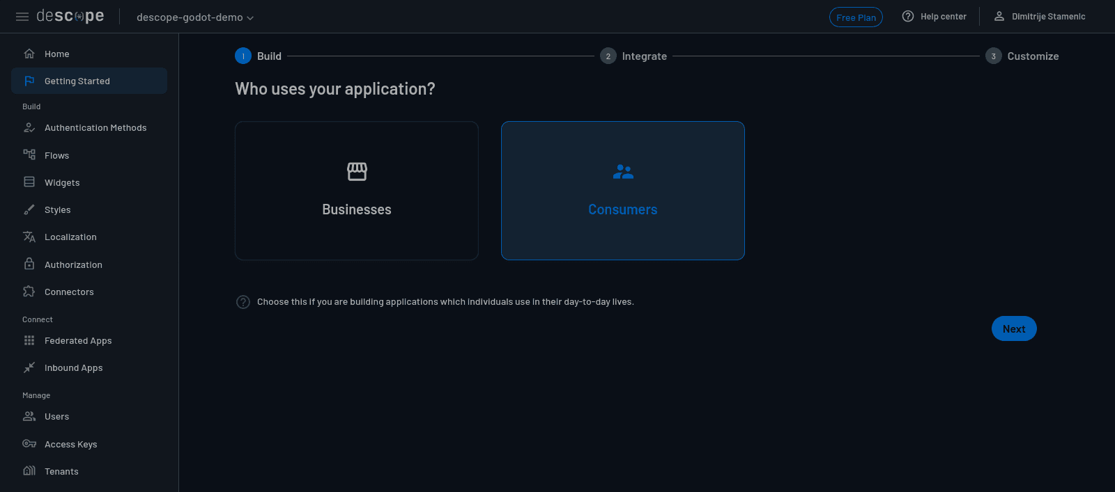 Fig: Descope console Getting Started tab