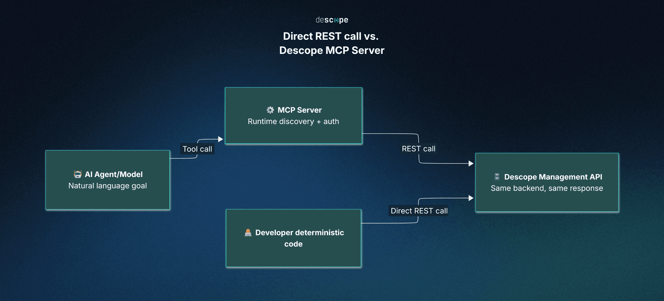 Fig: Two paths to the Descope Management API, through an MCP server or through a direct REST call.