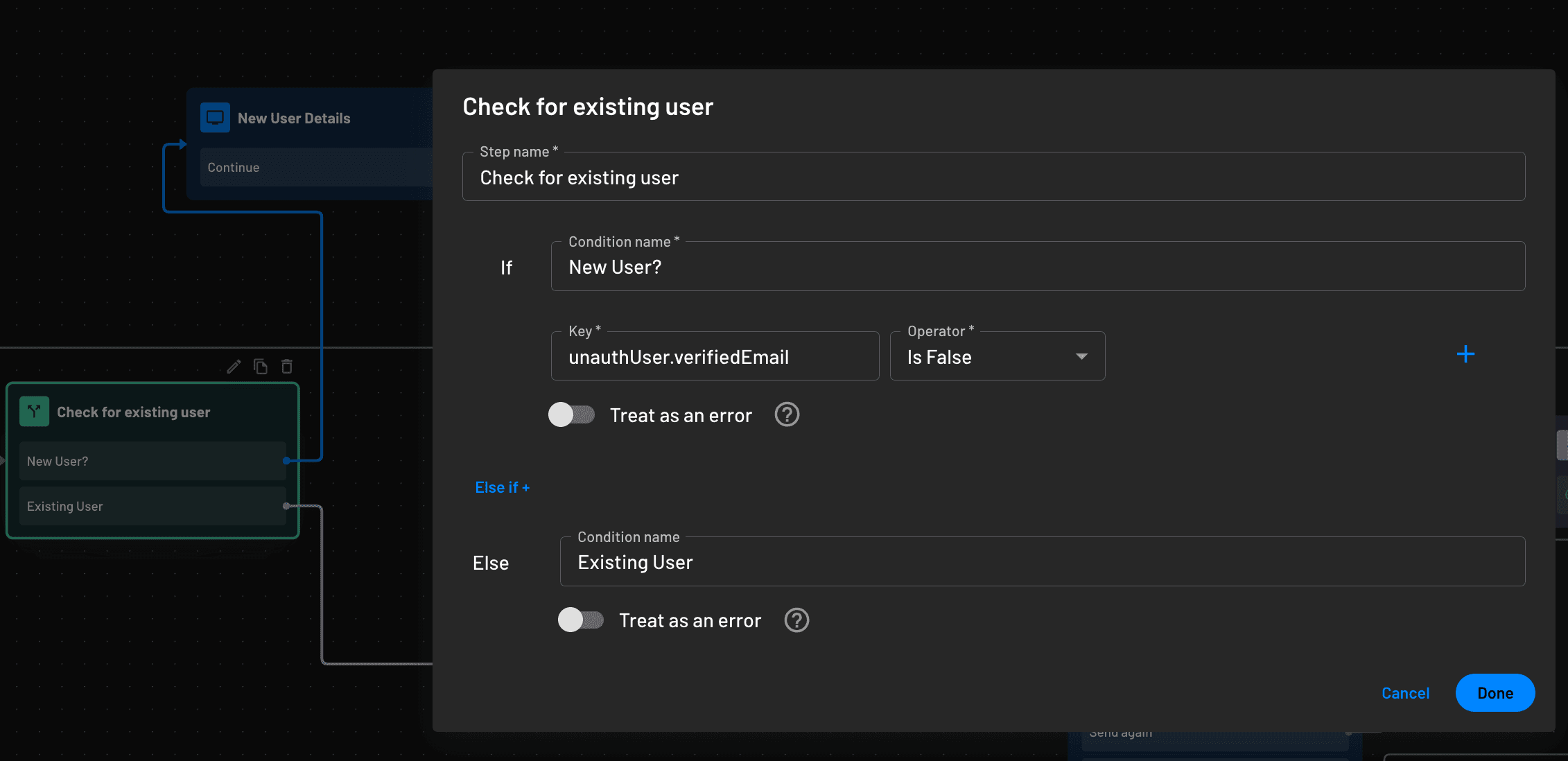 Fig: Adding a new user check to the flow