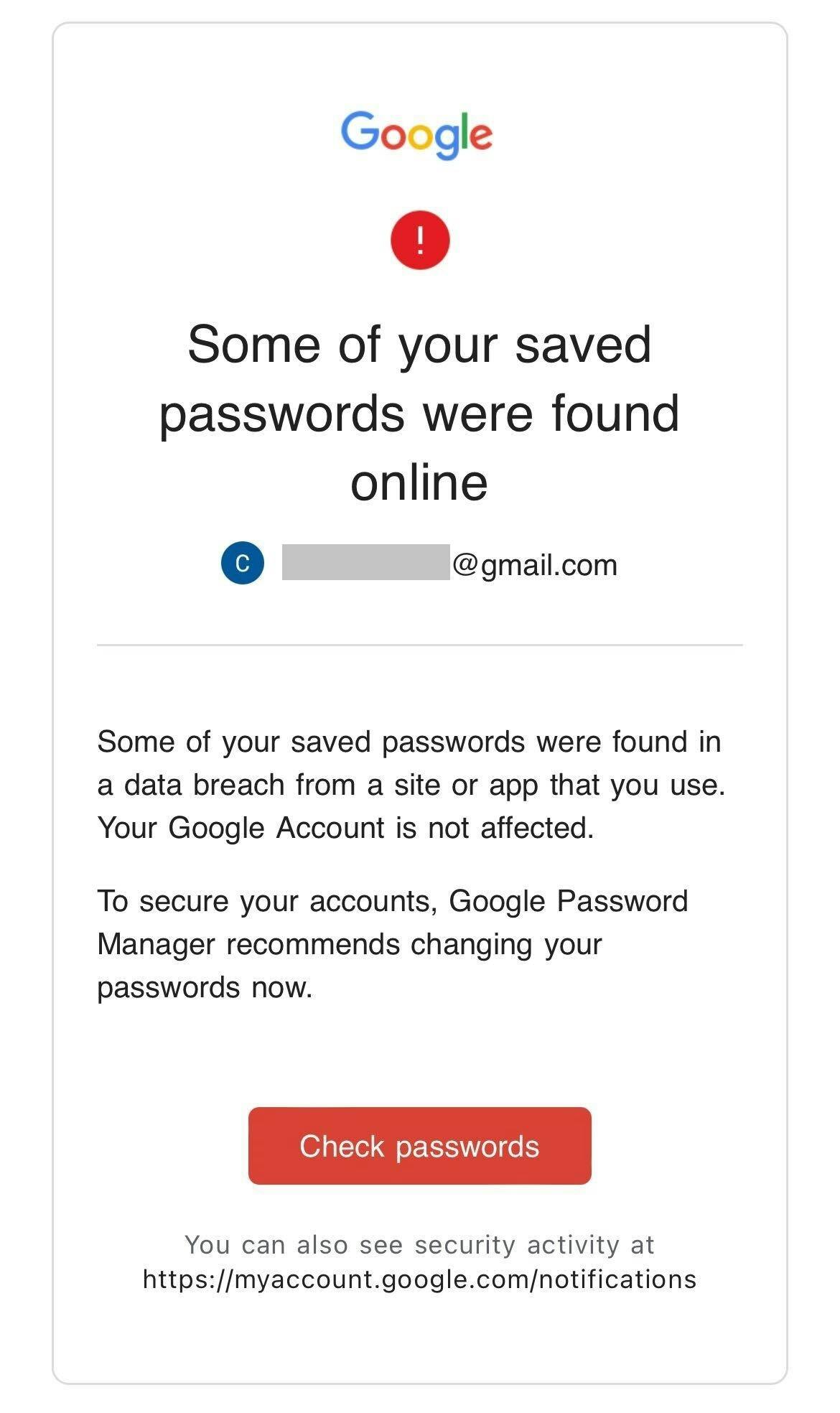 Example of an organization informing users about breached passwords