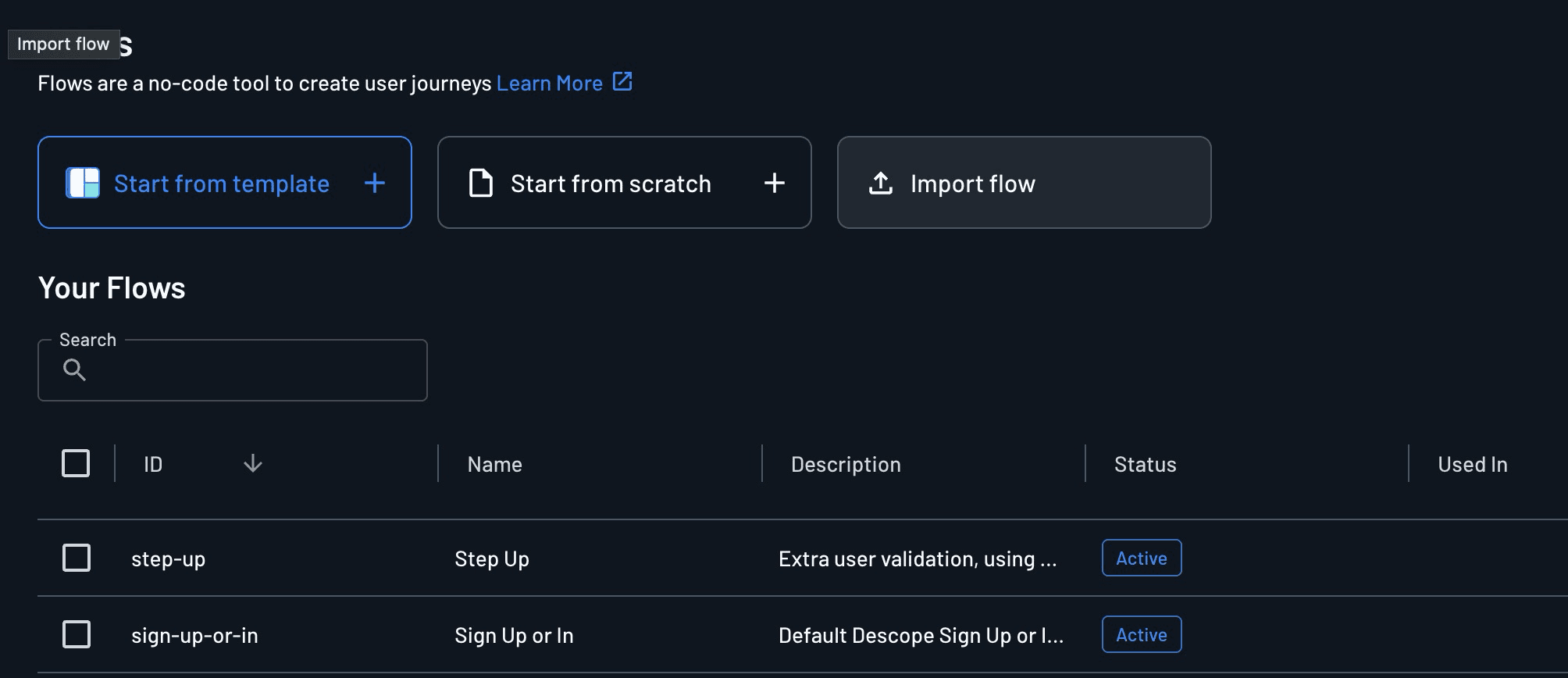 Fig: Screenshot of the Descope Flows dashboard showing the user selecting the Import flow button
