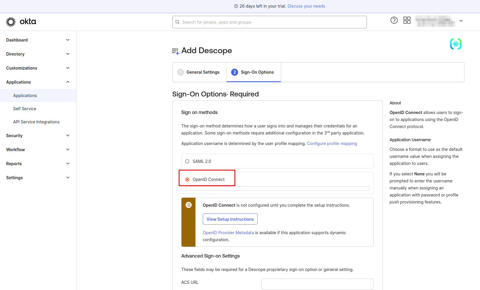 Fig: Selecting the sign-on method