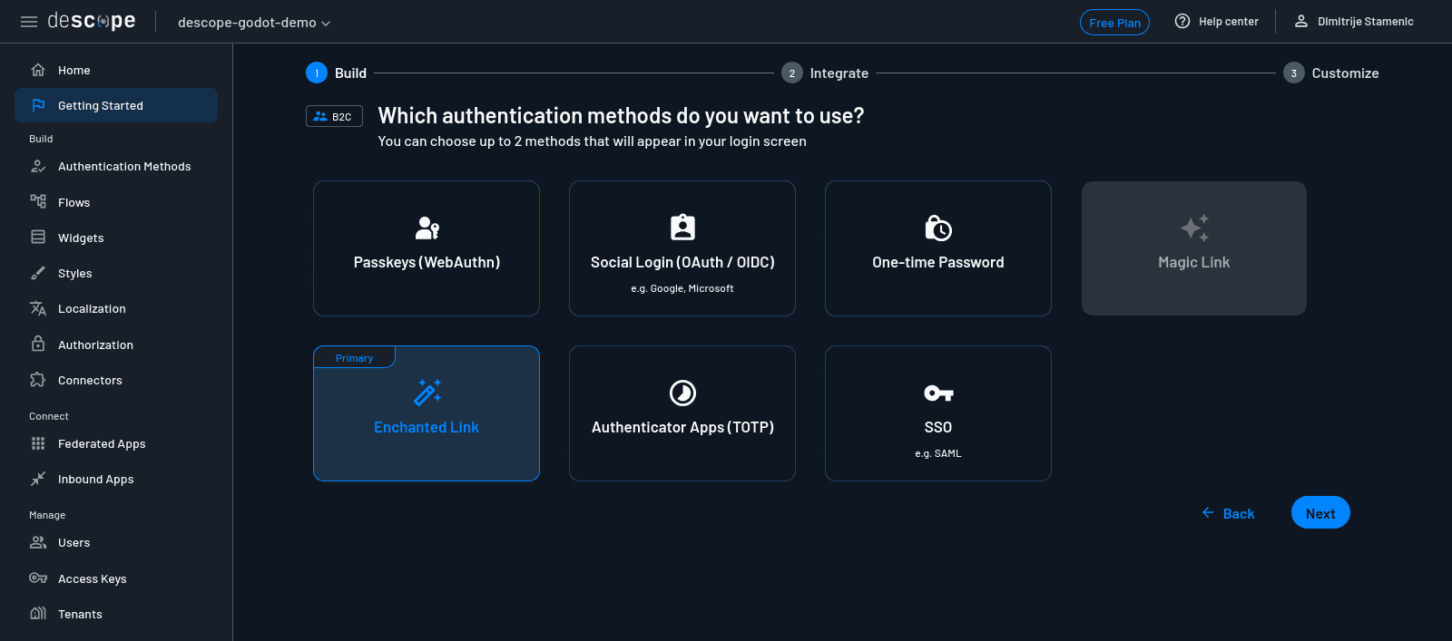 Fig: Descope console—primary authentication methods