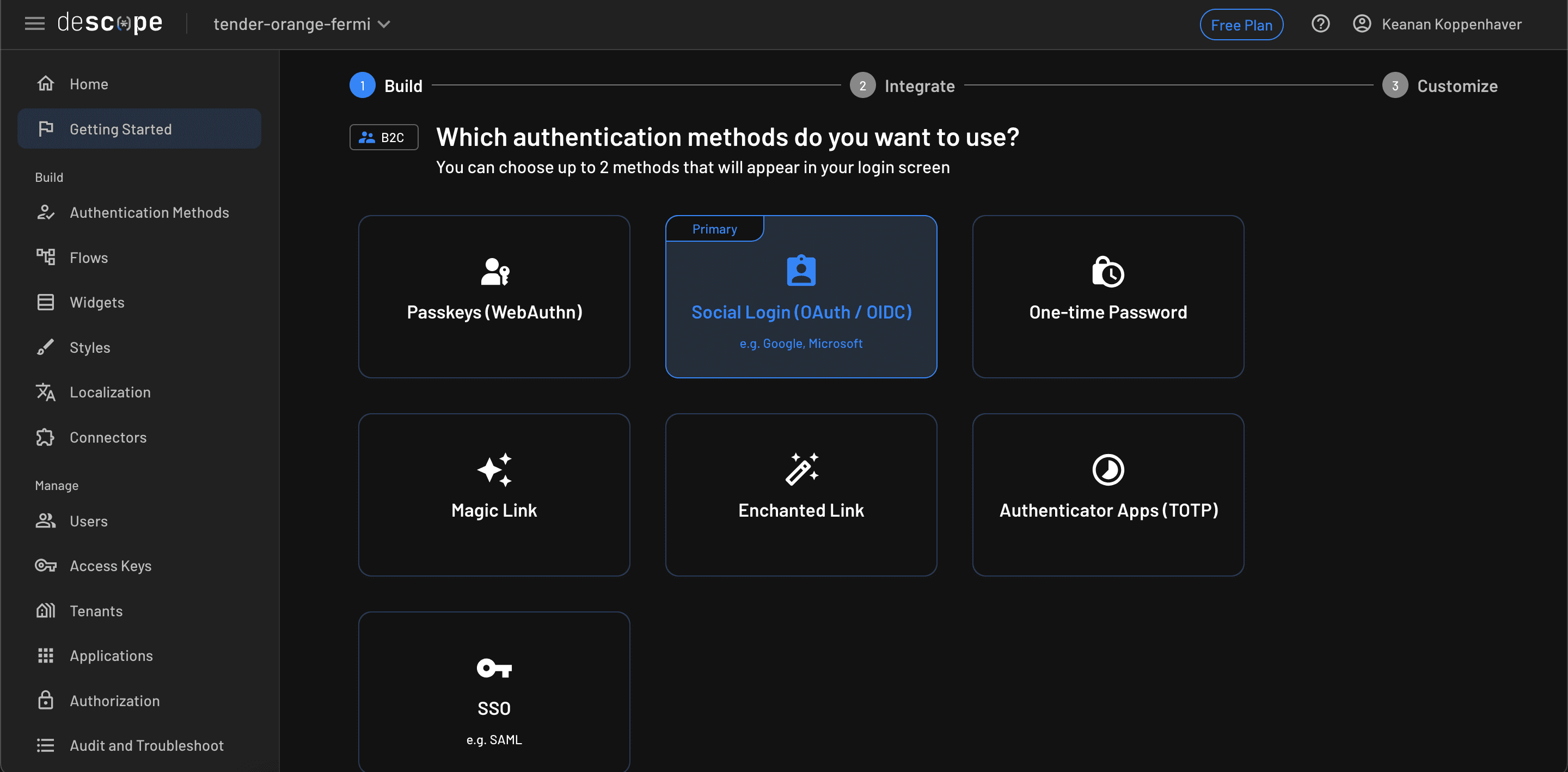 Fig: Setting up Social Login as the authentication method in Descope