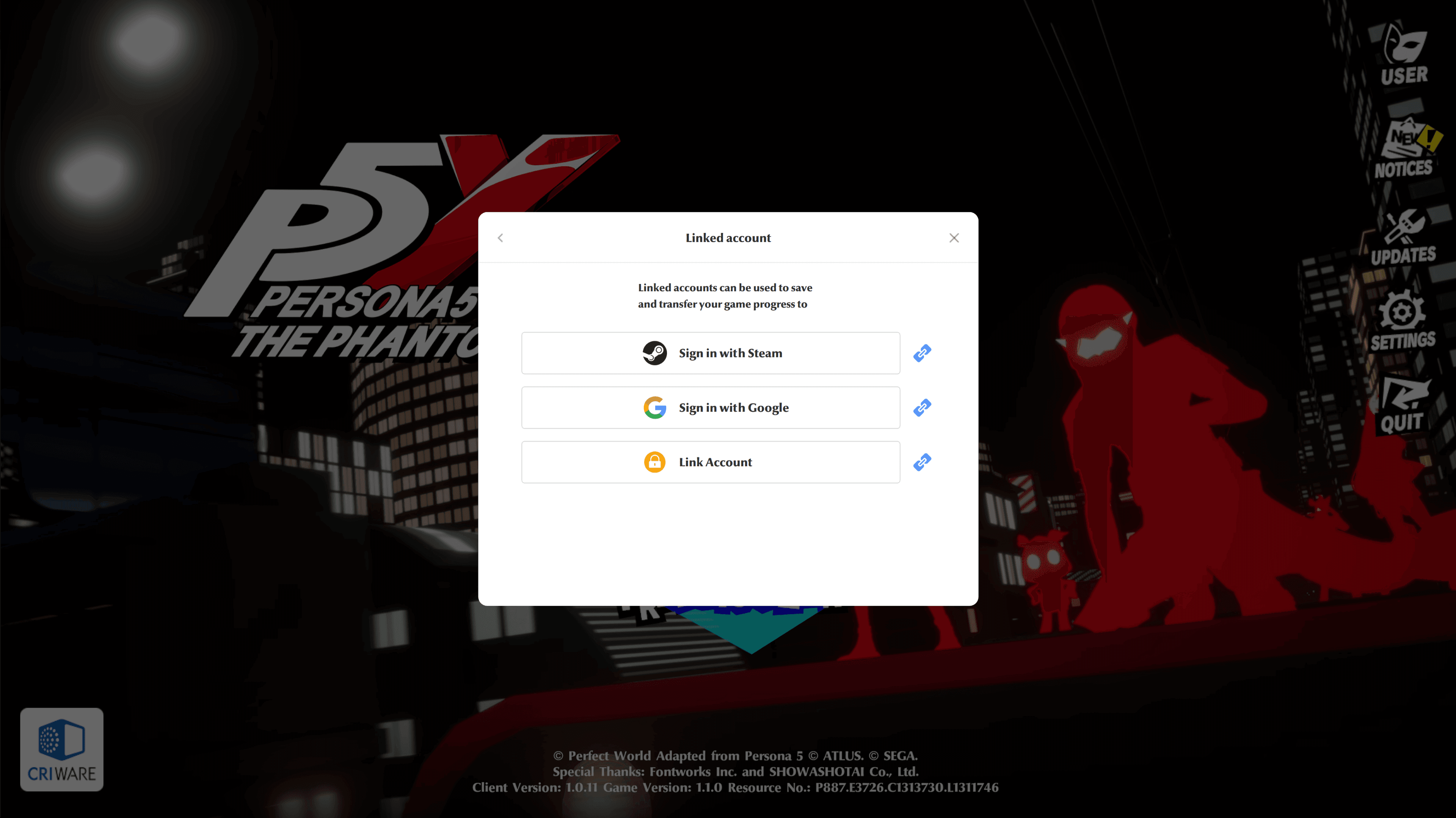 Fig: Account linking options for Persona 5: The Phantom X, which include Steam, Google, and a proprietary system