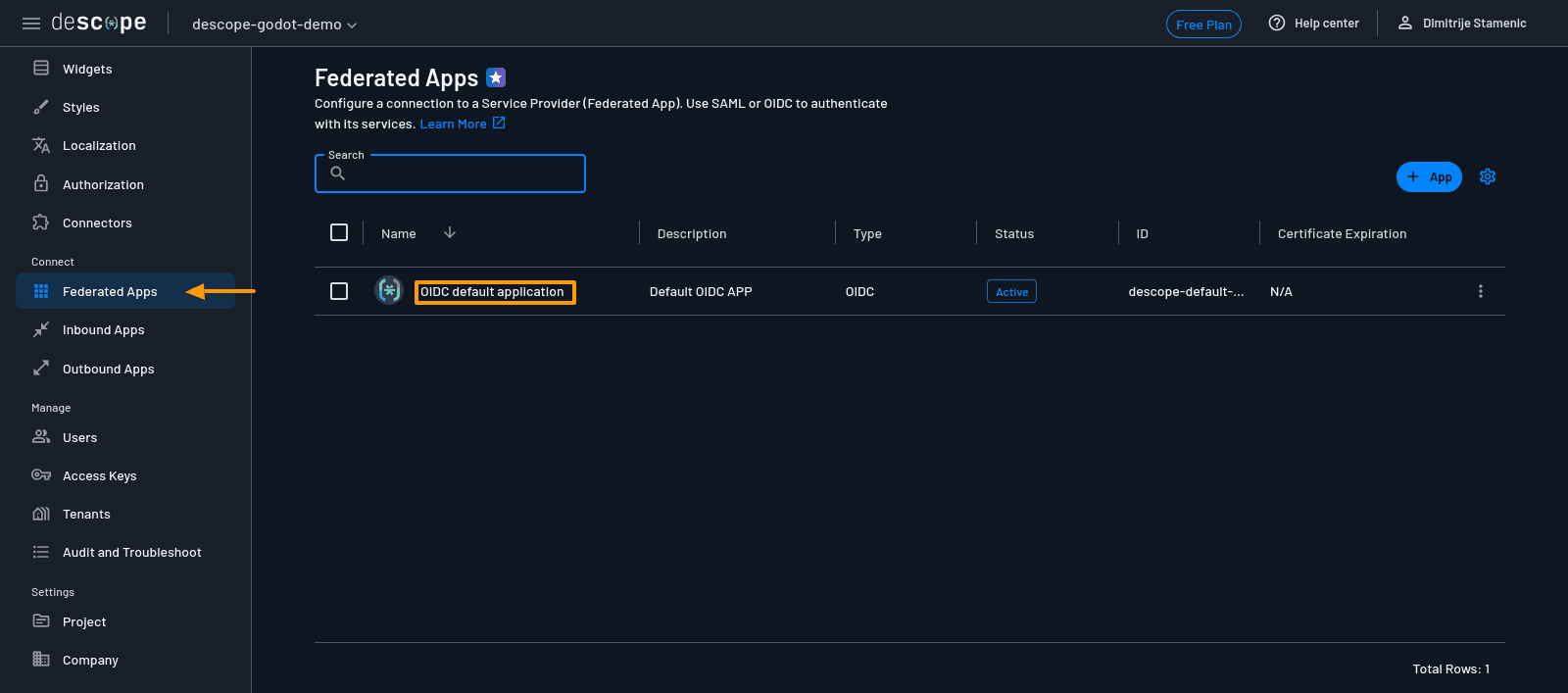 Fig: Descope console—federated apps