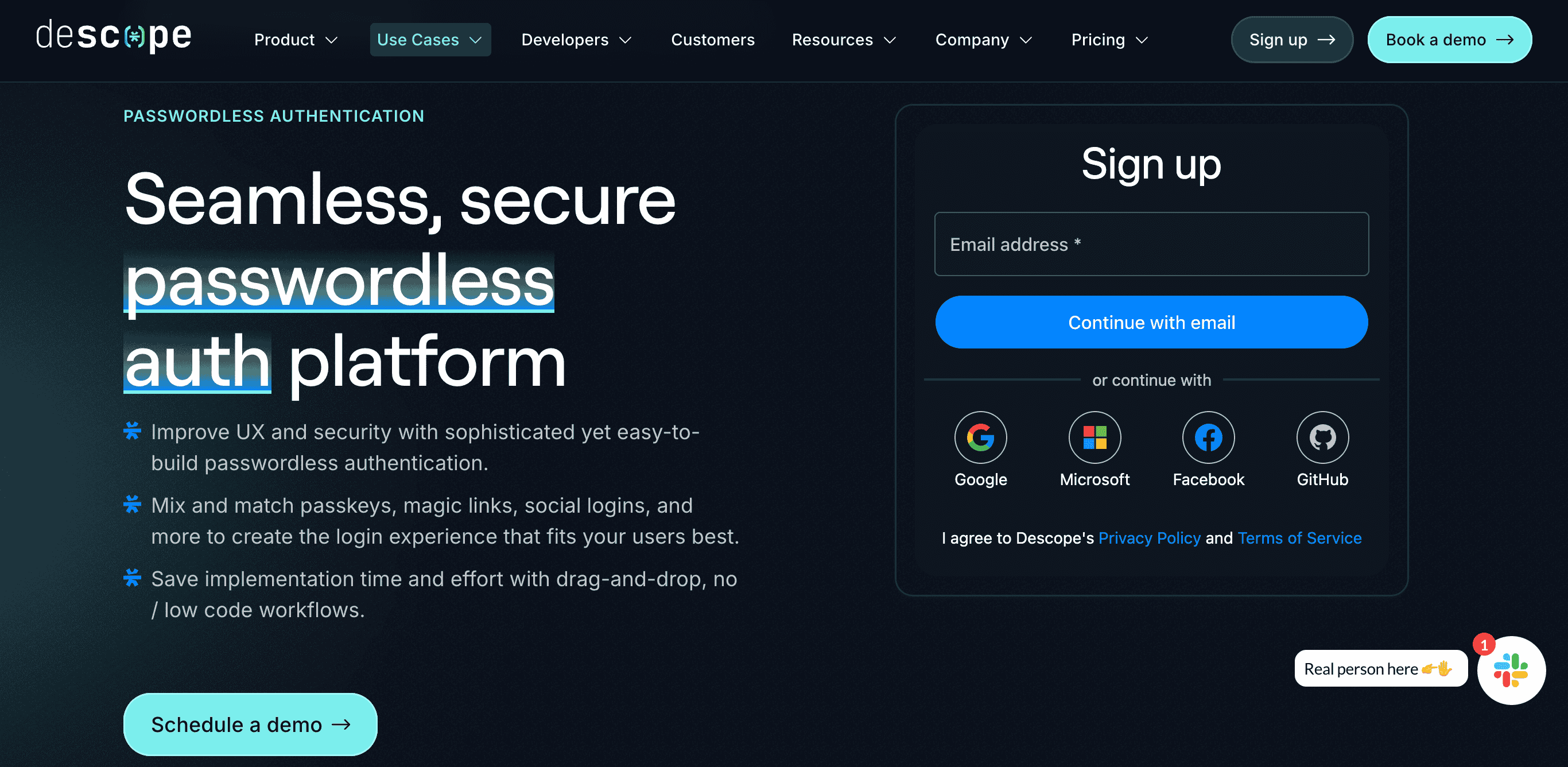 Descope passwordless homepage