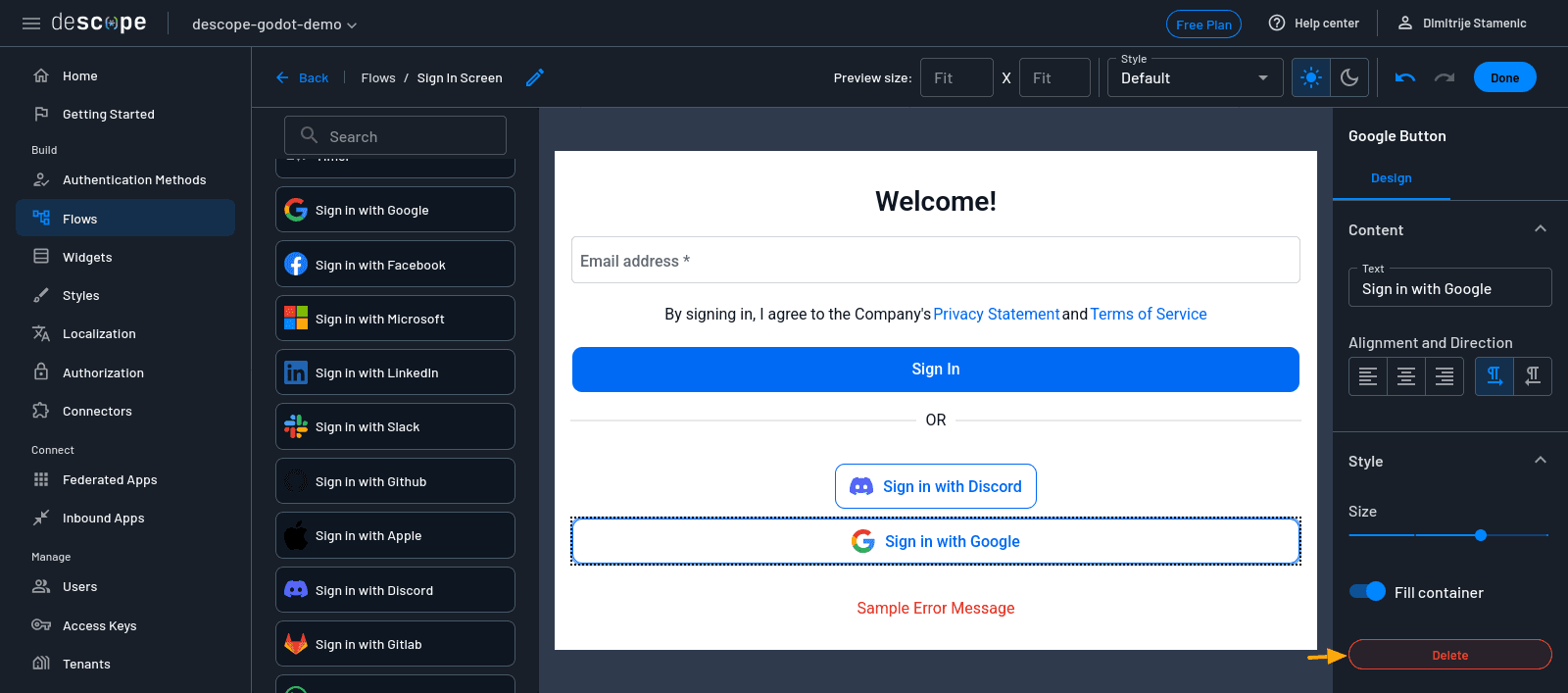 Fig: Descope console delete Google widget