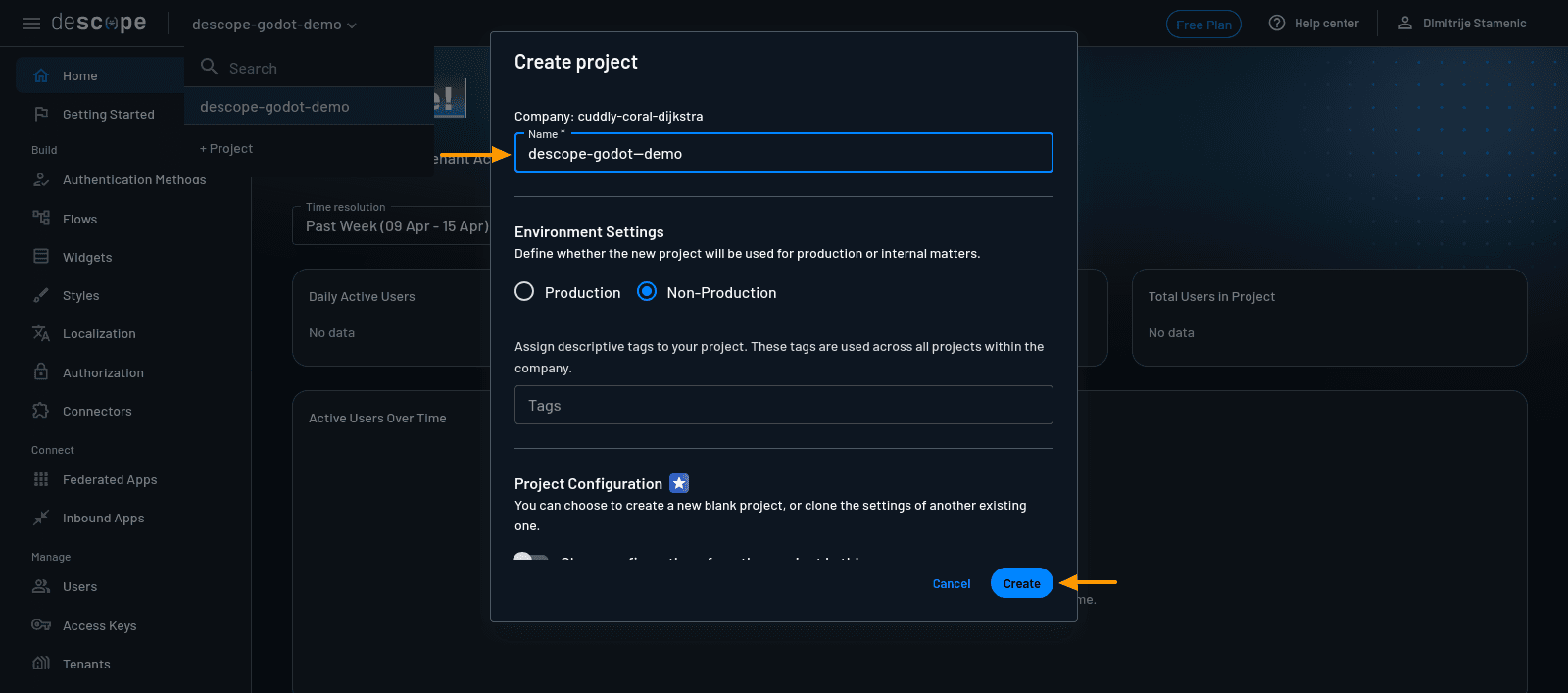 Fig: Descope console—create project screen