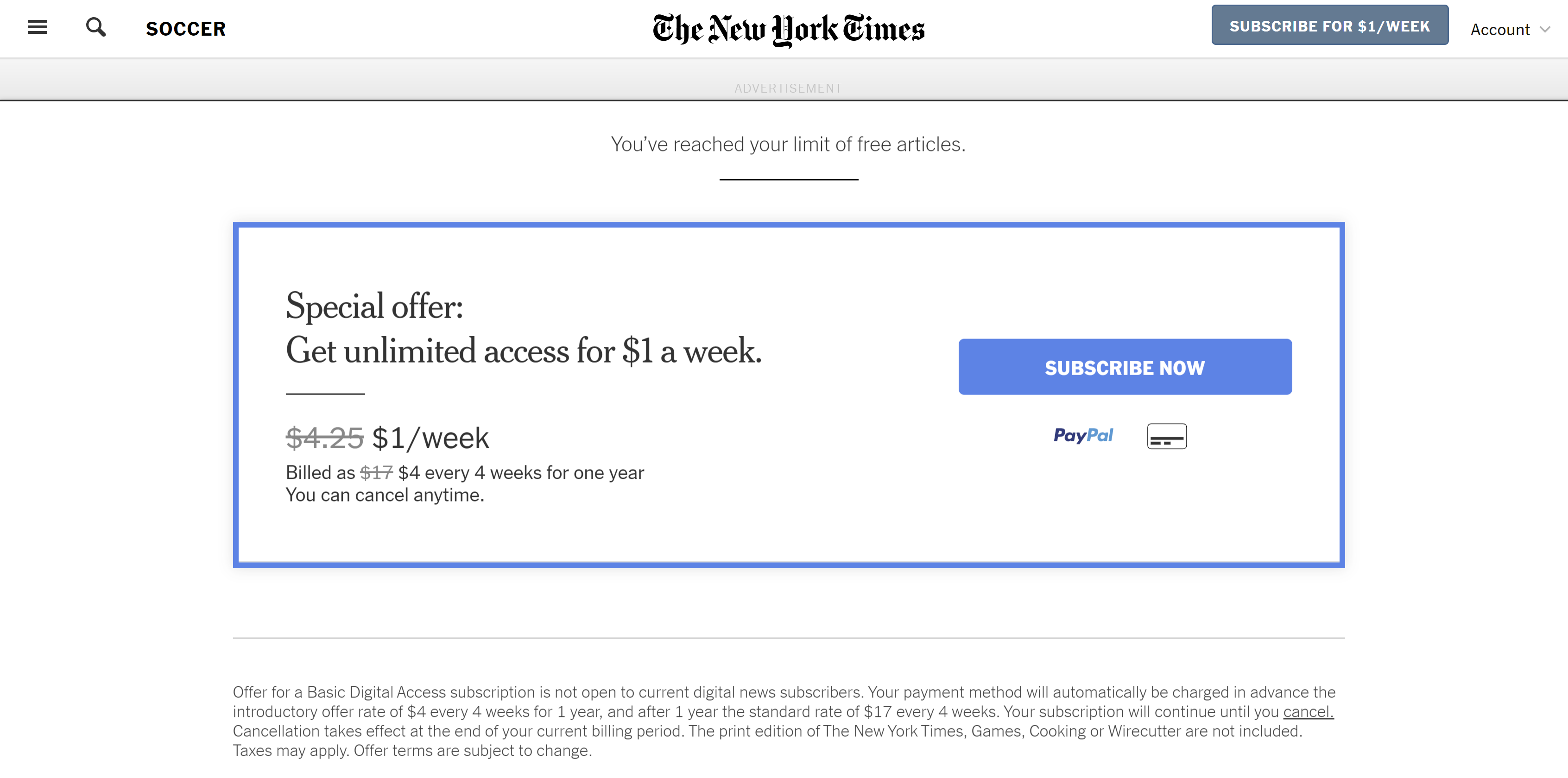 Fig: Article limit screen from the The New York Times (a form of step-up authentication)