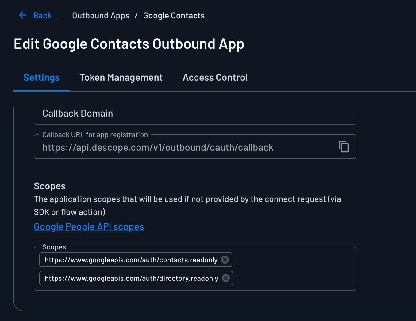 Fig: Google Contacts Outbound App scope setup