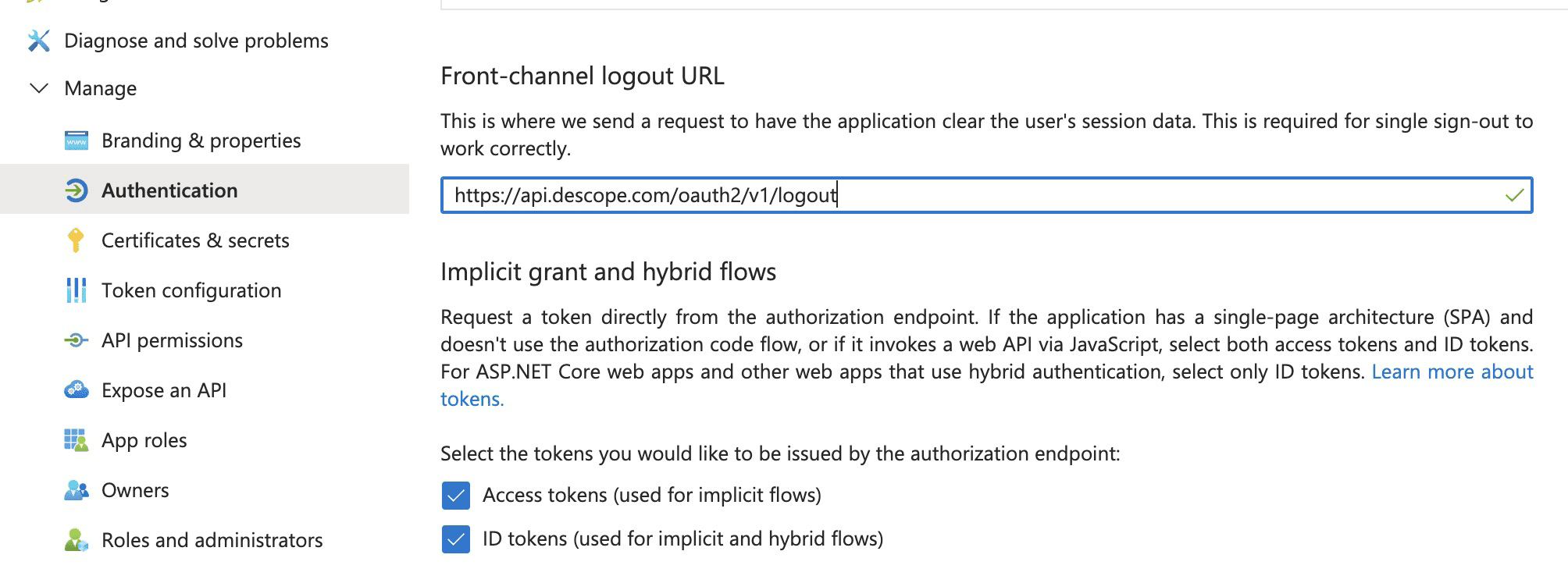 Fig: Screenshot of entering https://api.descope.com/oauth2/v1/logout into the front-channel logout URL field in Azure