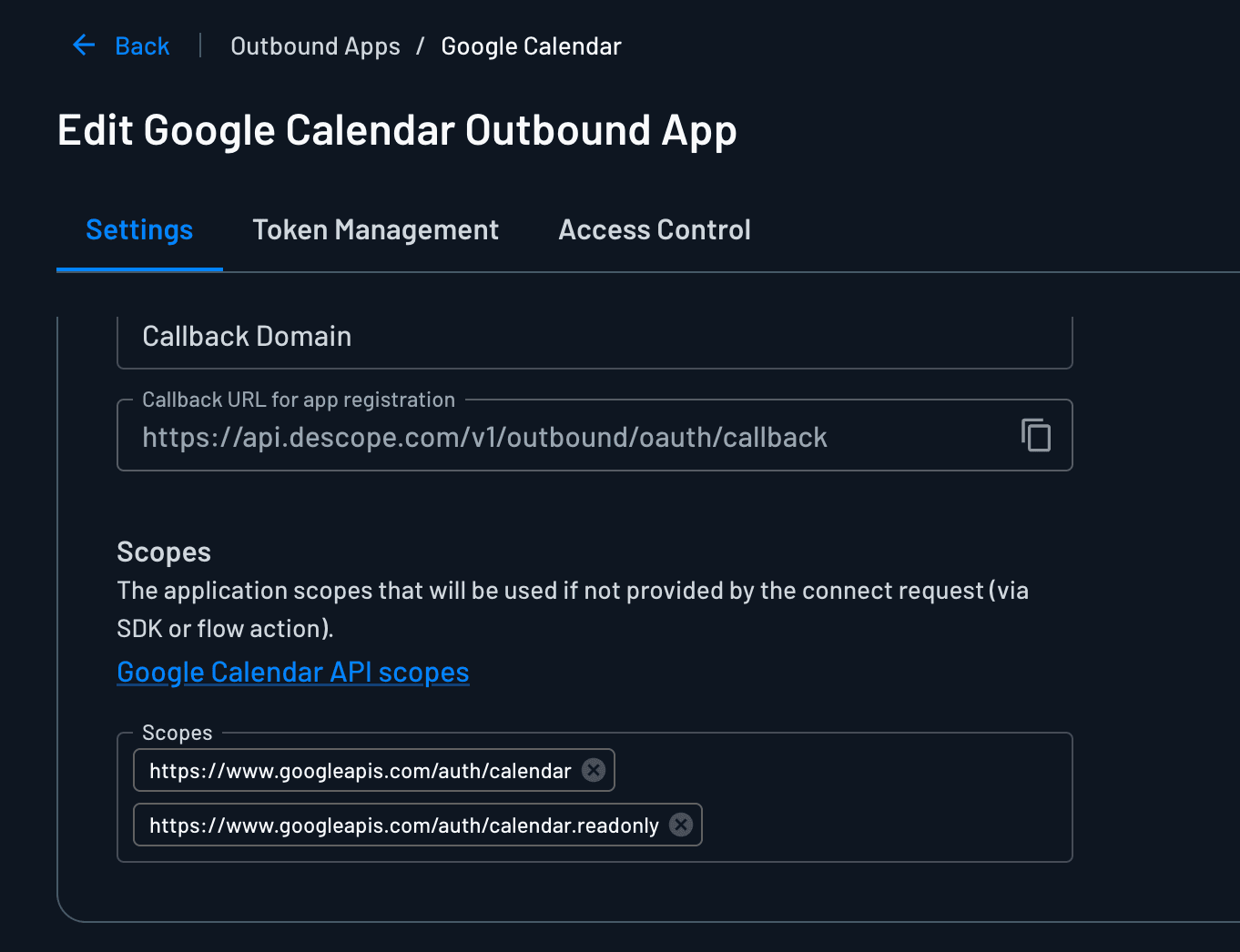 Fig: Google Calendar Outbound App scope setup