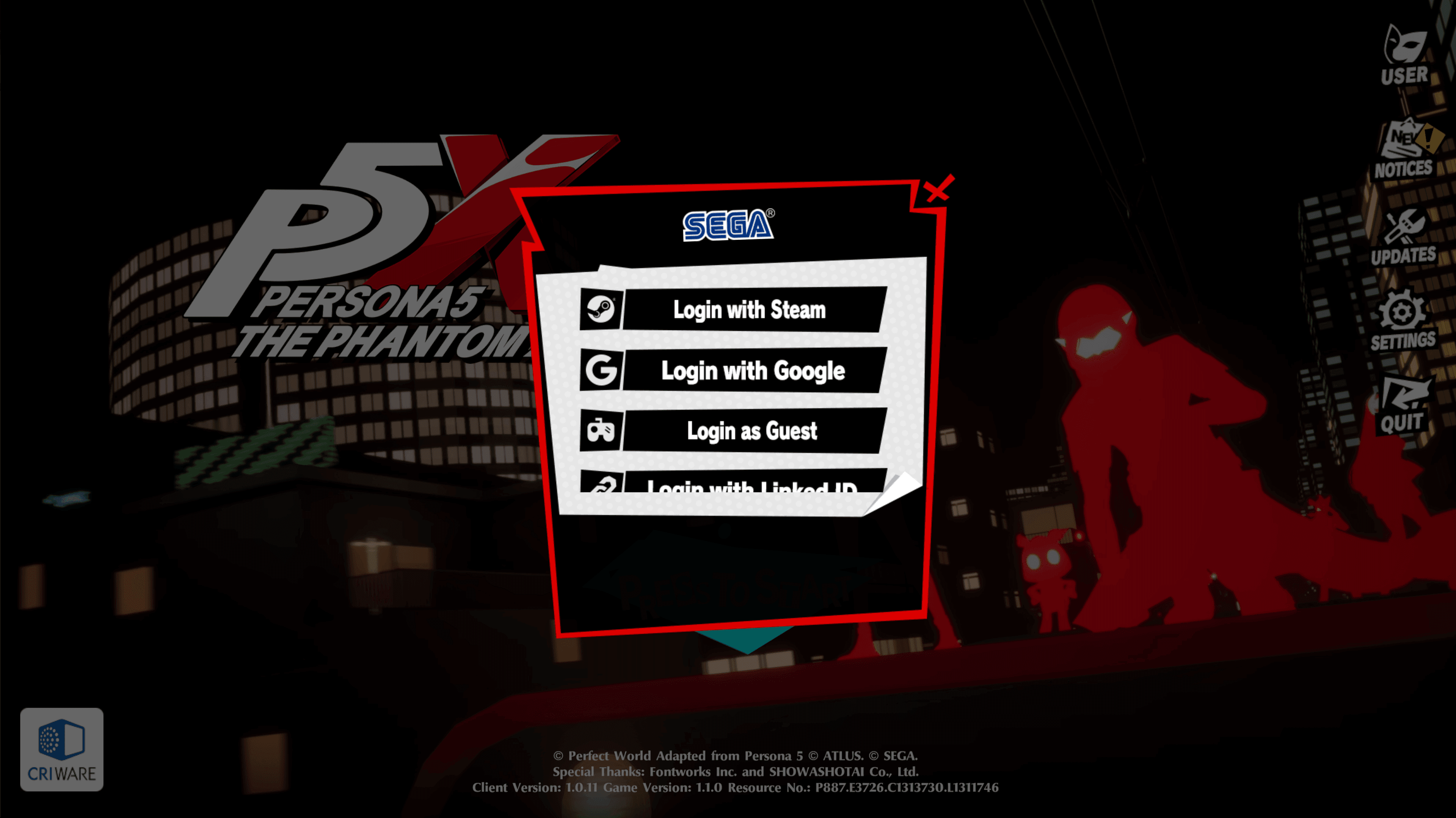 Fig: Screenshot showing the guest login option for Persona 5: The Phantom X