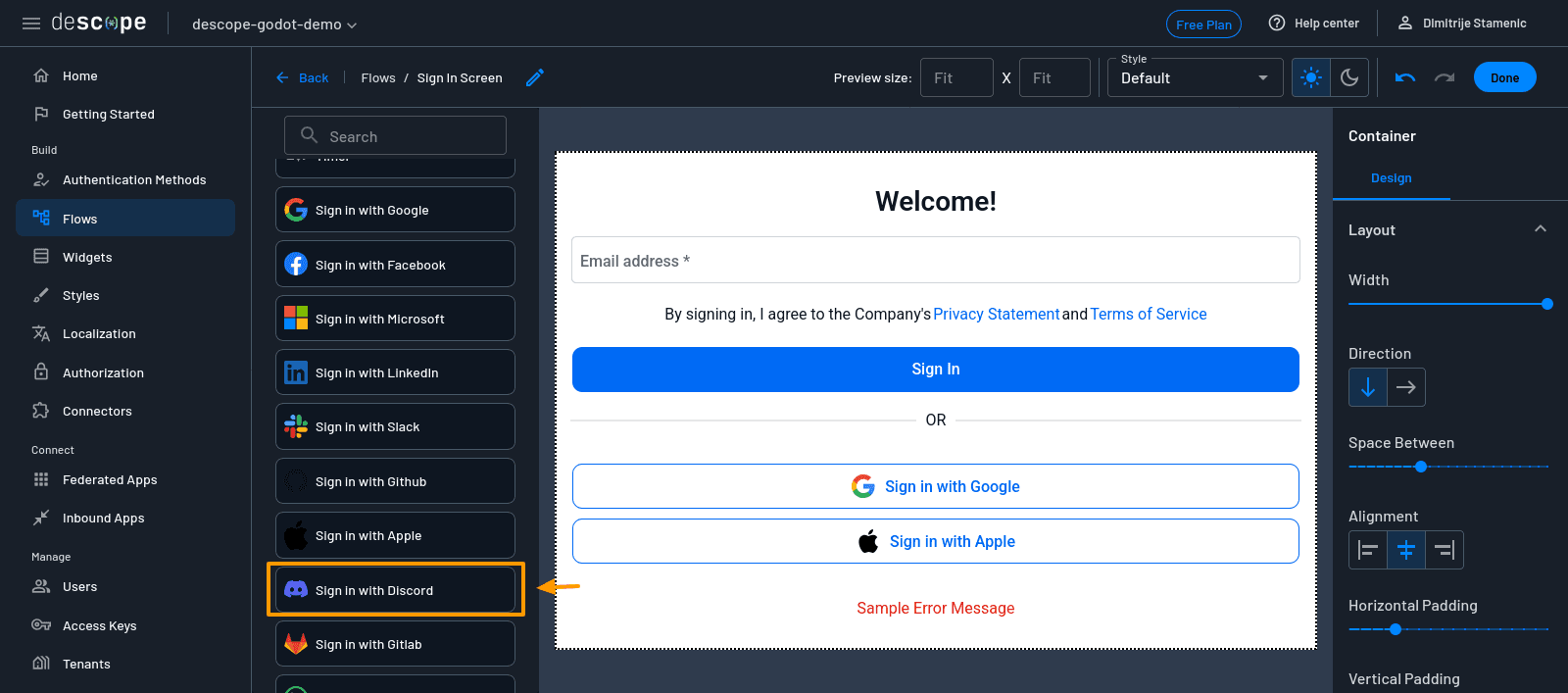 Fig: Descope console add Discord widget