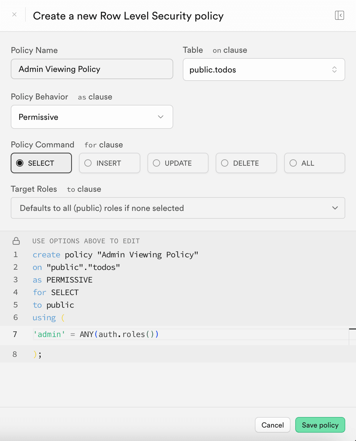 Fig: Editing the Supabase RLS policy to add admins