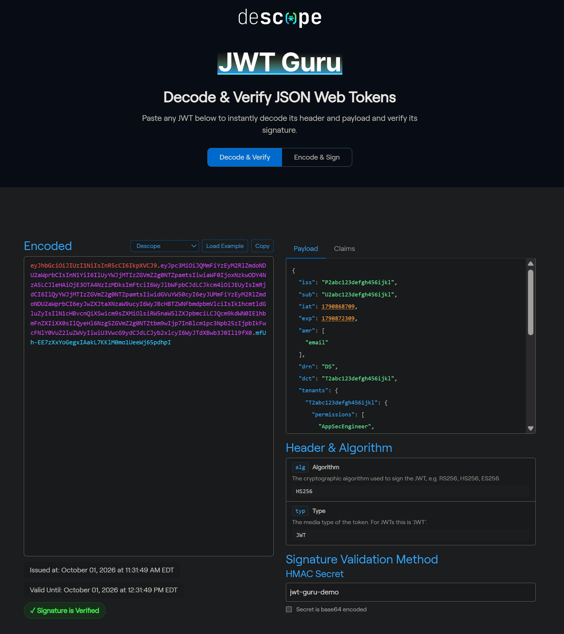 Fig: The JWT Guru decoder with a demo JW
