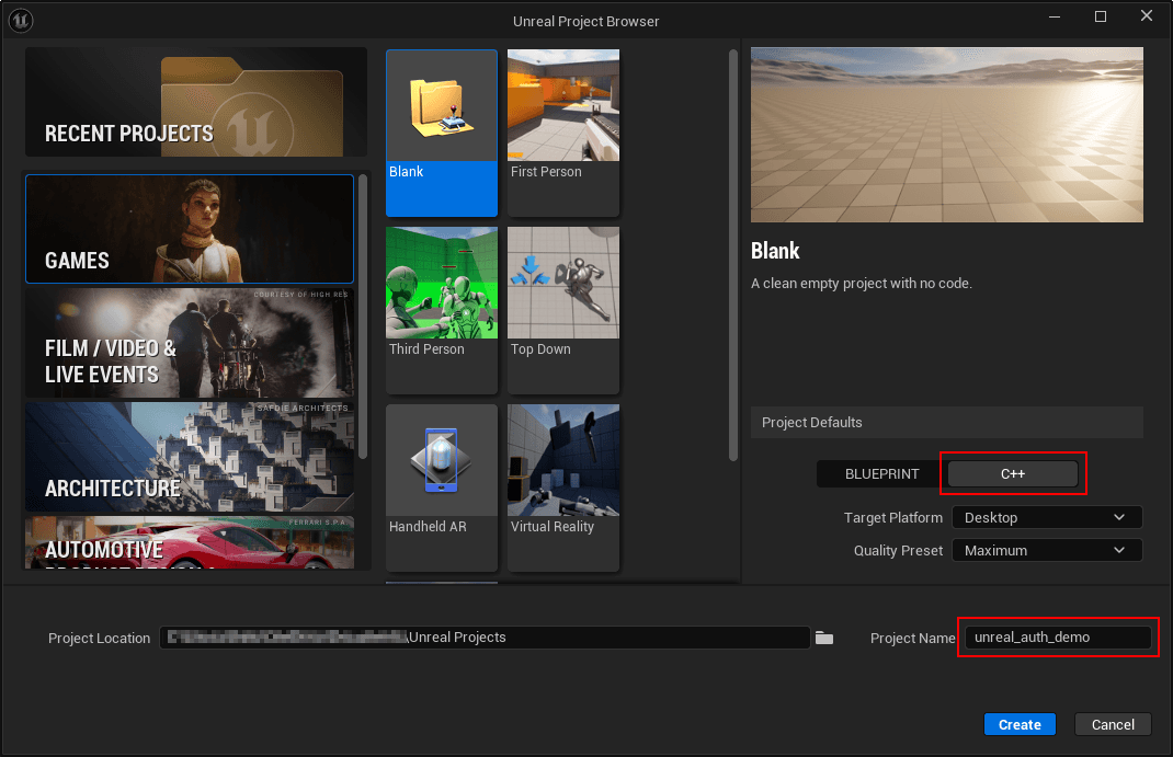 Fig: Blank game project