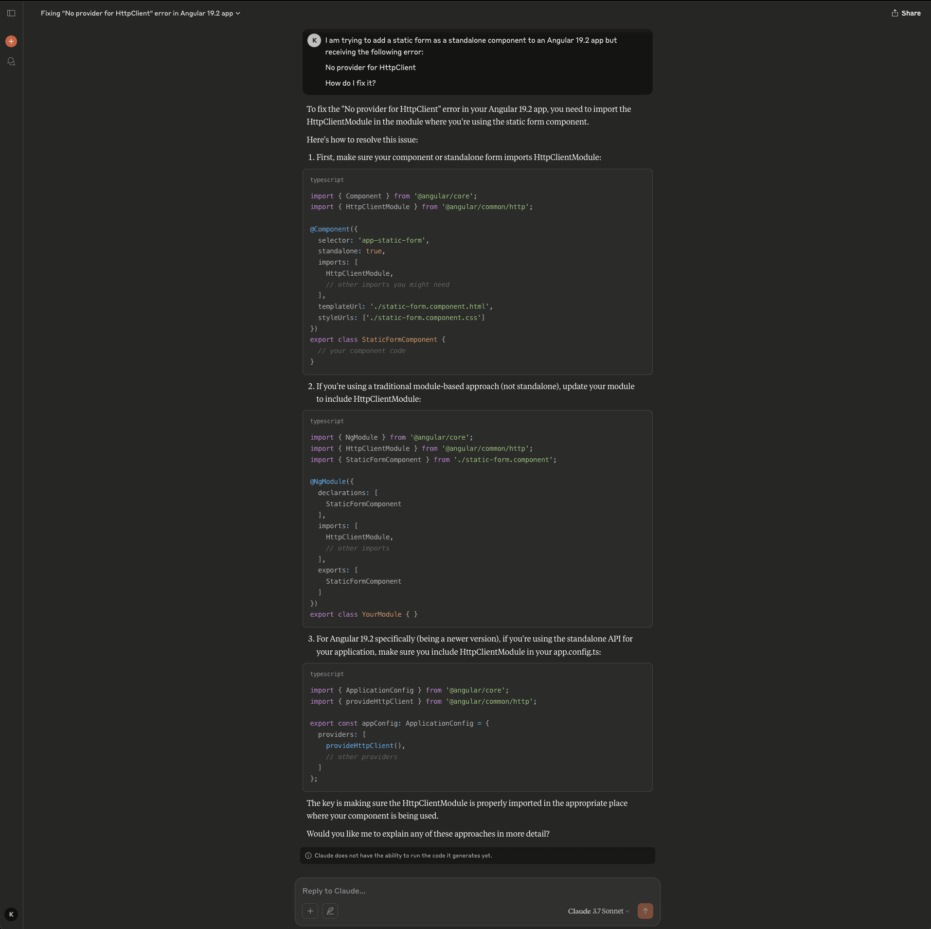 Fig: Claude’s response to Angular error