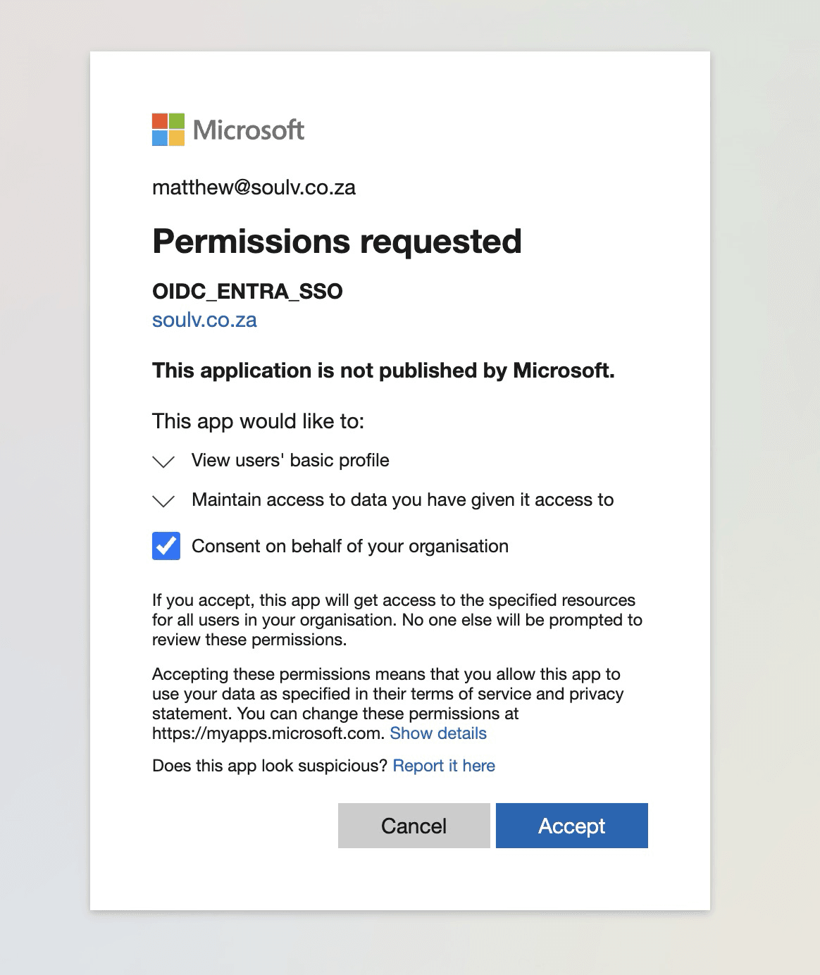 Fig: Permissions requested dialog when signing in with Azure account