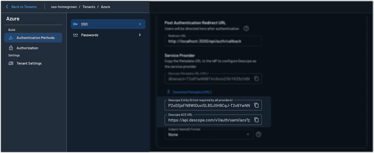 Fig: Obtaining the entity ID and ACS URL from Descope