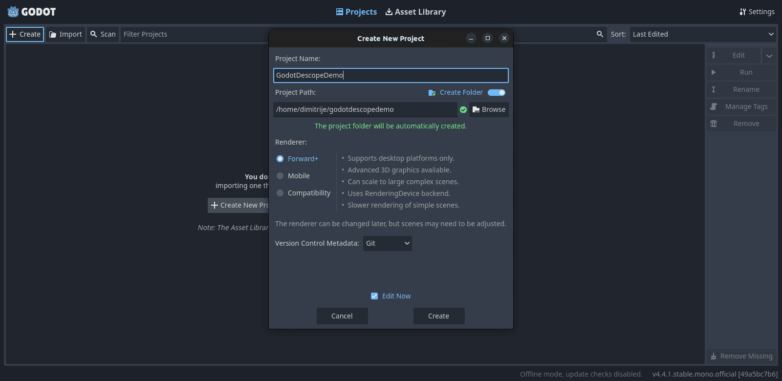 Fig: Godot create new project