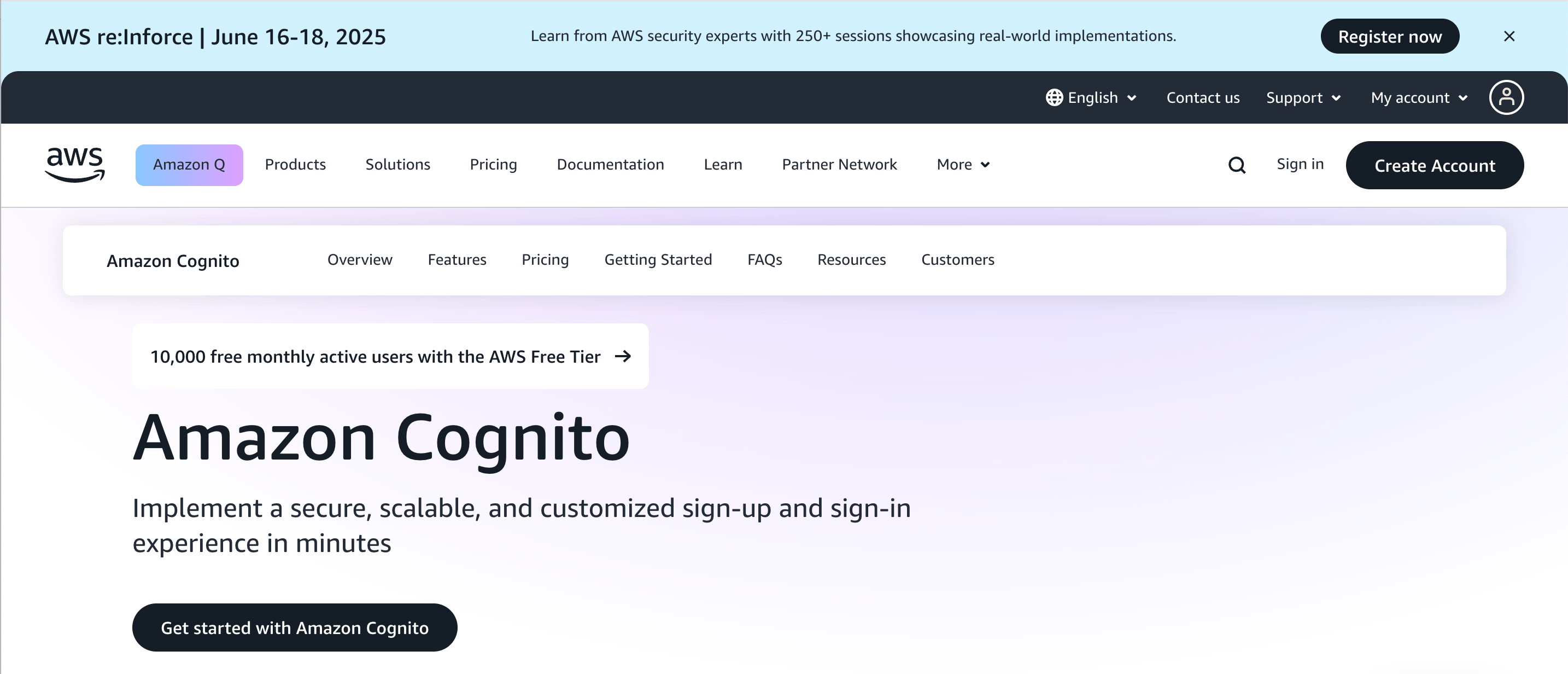 Amazon cognito homepage