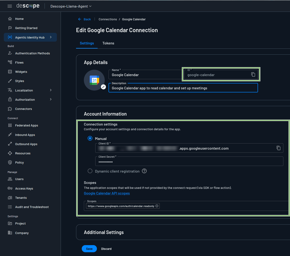 Fig: Descope: Google Calendar connection