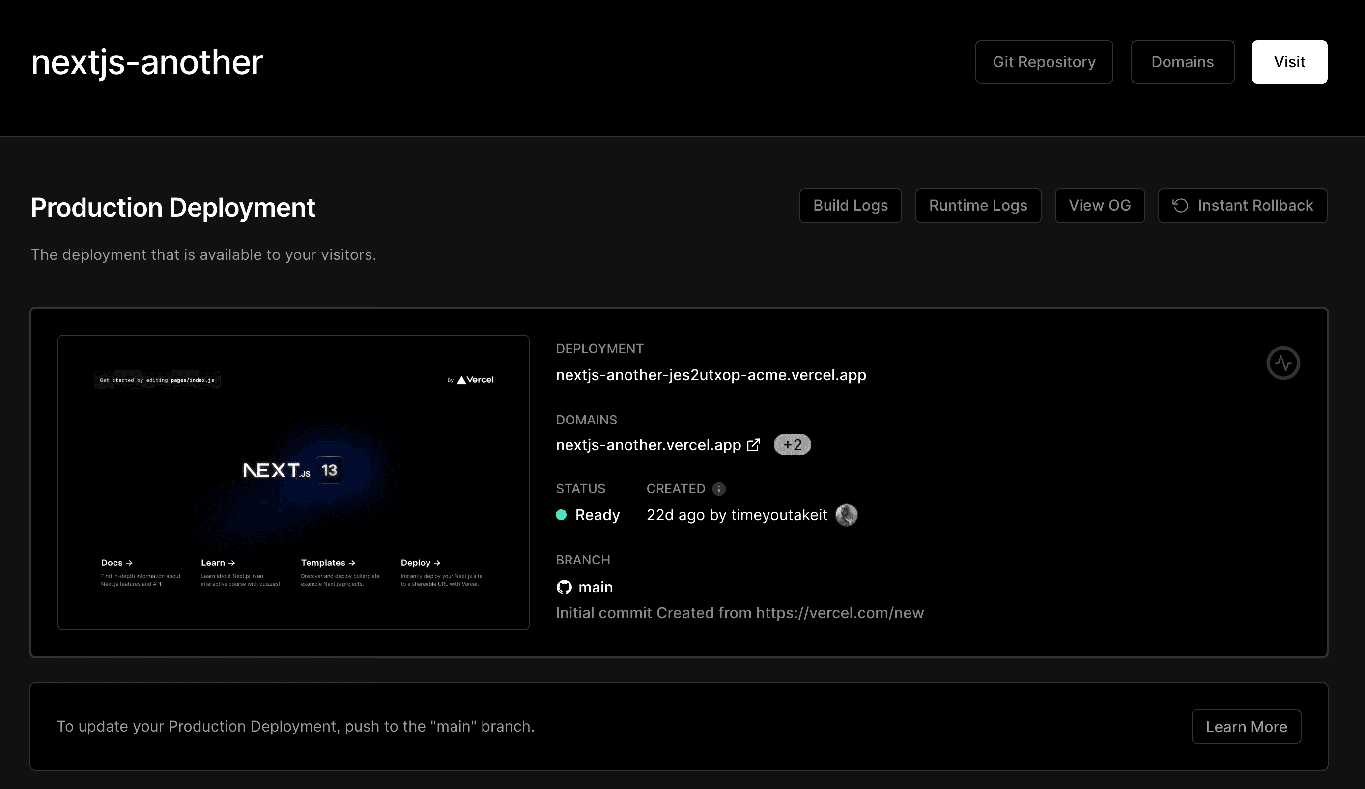 Fig: A screenshot of the project tab in Vercel (Image credit: Vercel)
