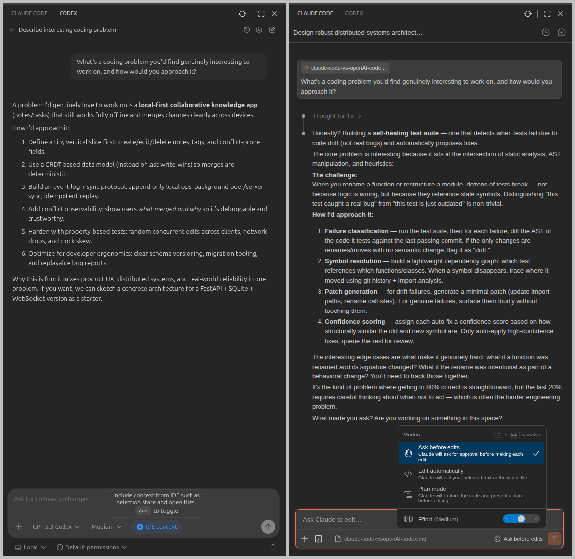 Fig: OpenAI Codex (left) and Claude Code (right) as they appear when used as VS Code extensions