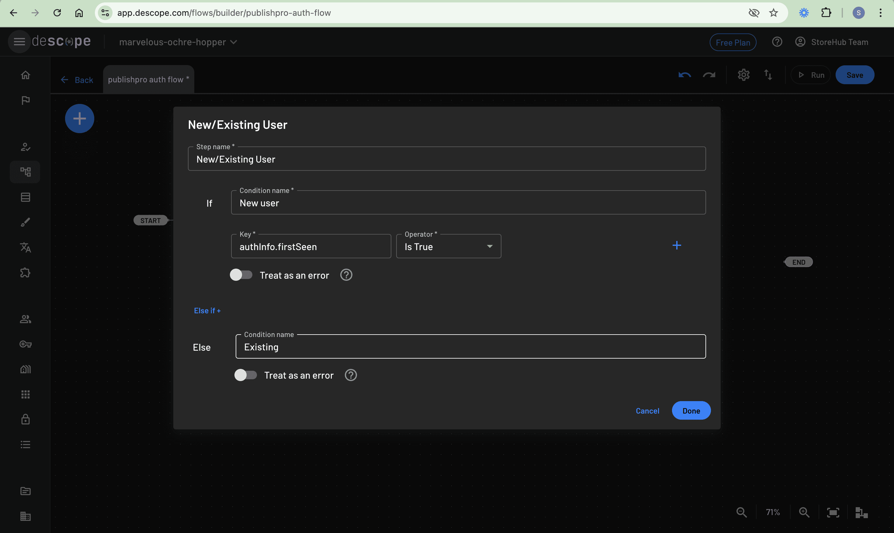 Creating a New/Existing User condition on the flow canvas