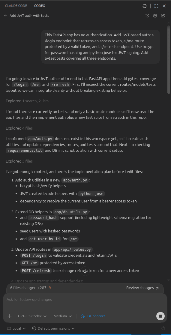 Fig: Beginning a session with OpenAI Codex to develop JWT-based auth for FastAPI