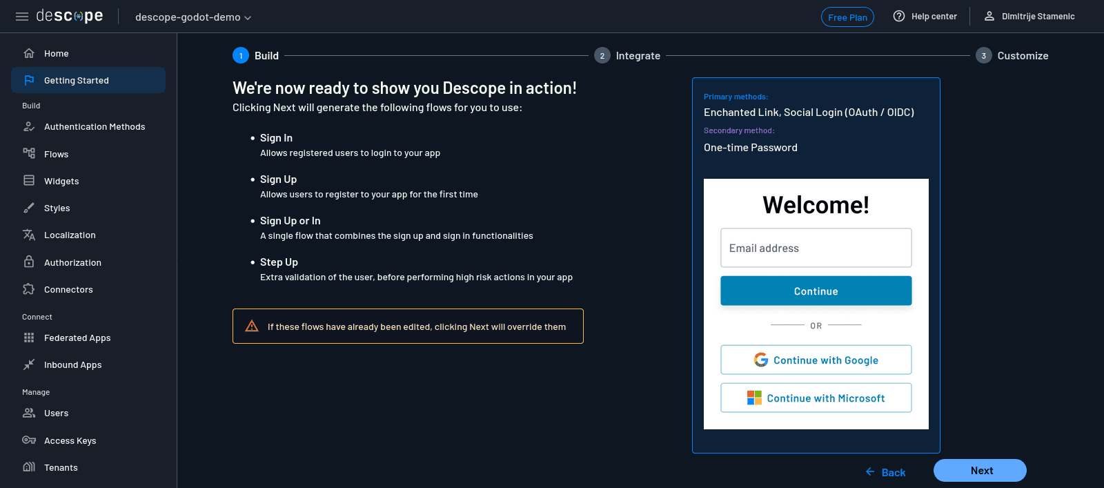 Fig: Descope console—login screen ready