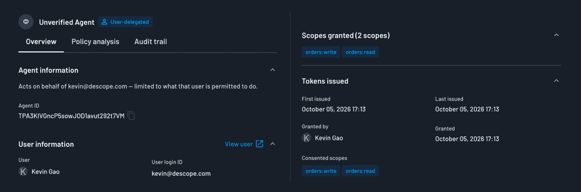Fig: The agent from my test on Descope's Agentic Identity page, with the customer it acts for and the scopes they approved.